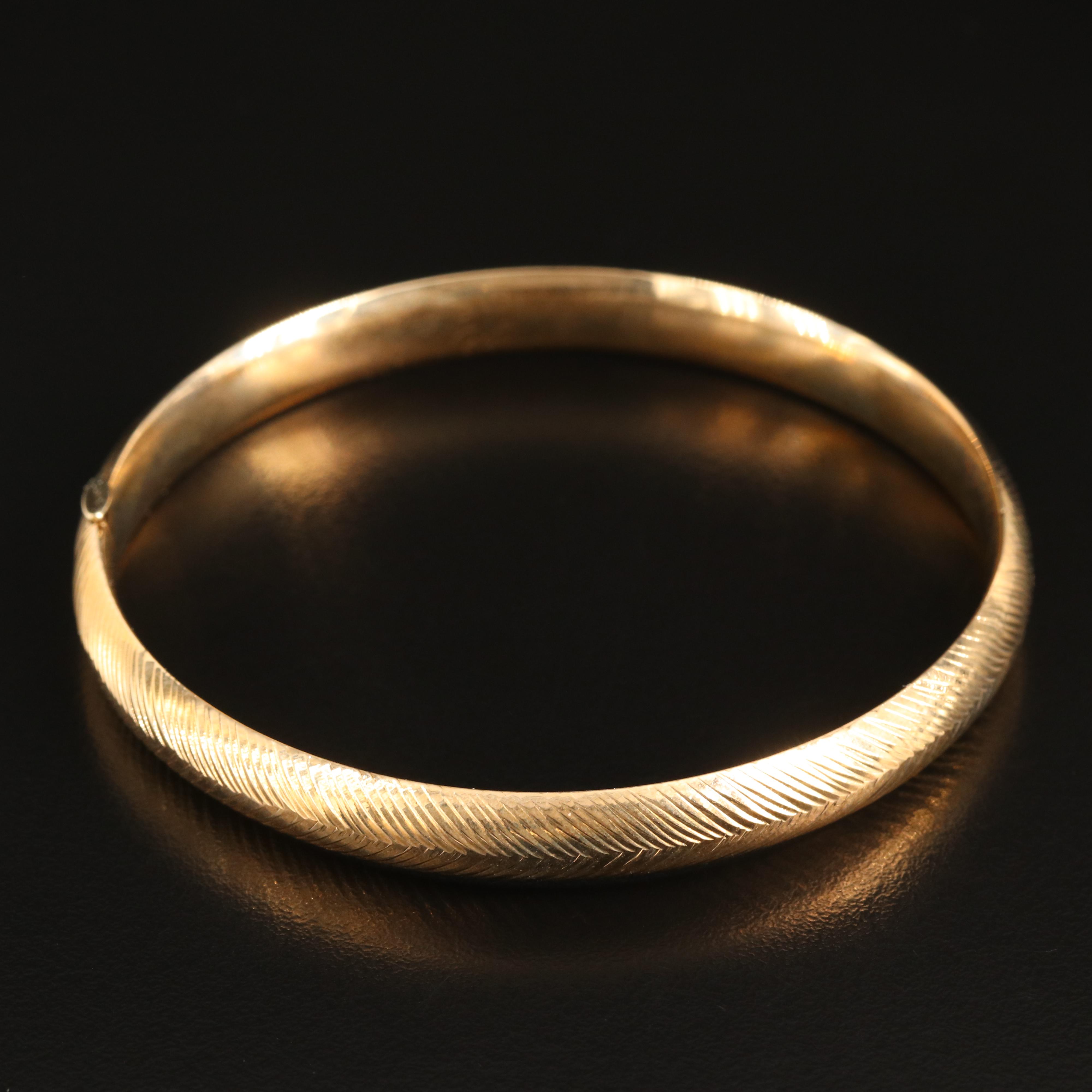 14K Hinged Bangle with Diamond Cut Herringbone Pattern