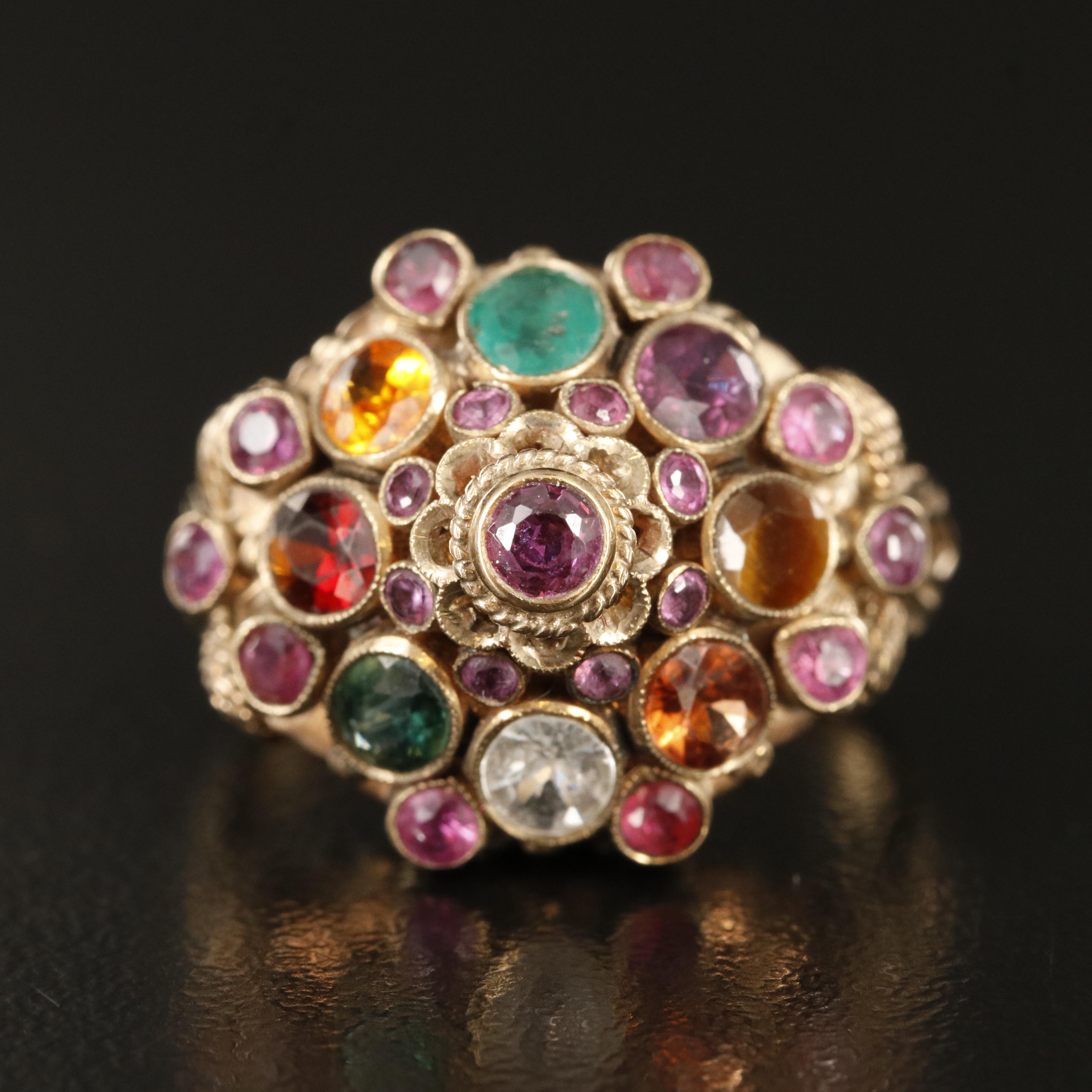 Thai 10K  Ruby, Emerald and Garnet Princess Ring