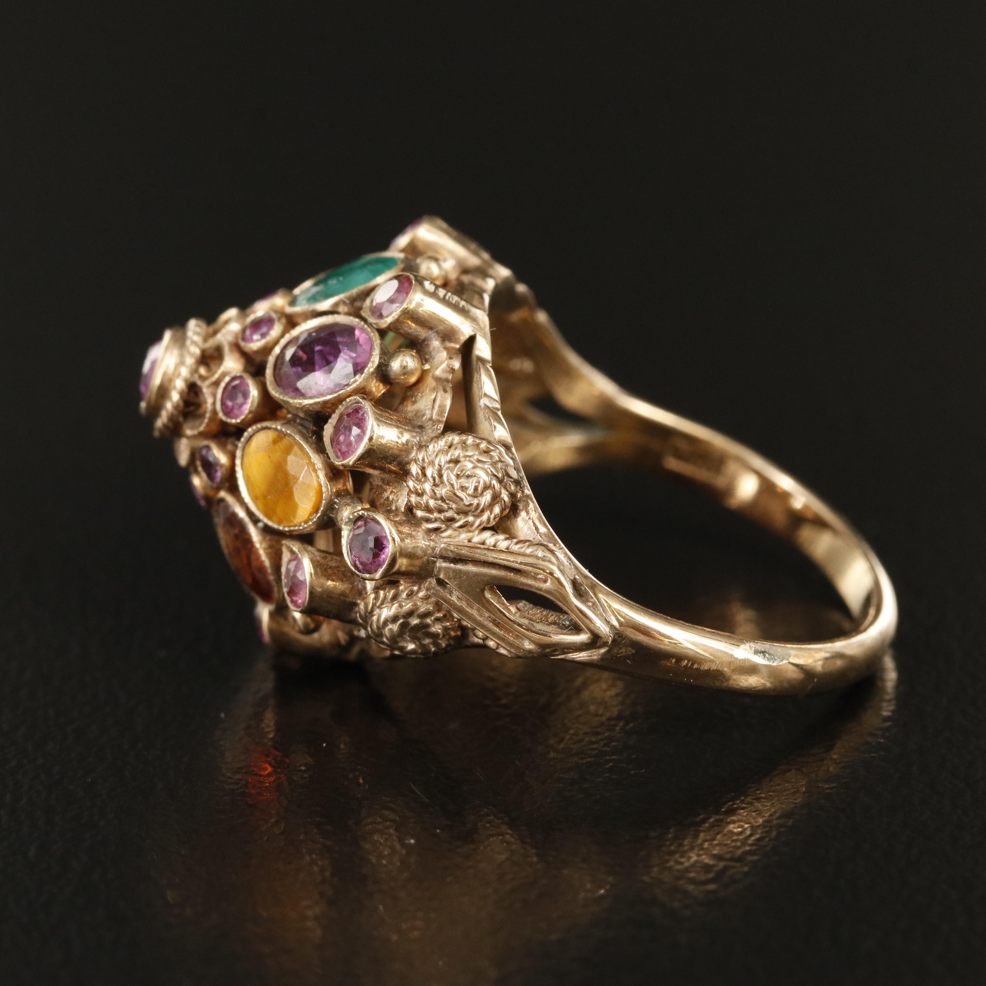 Thai 10K  Ruby, Emerald and Garnet Princess Ring