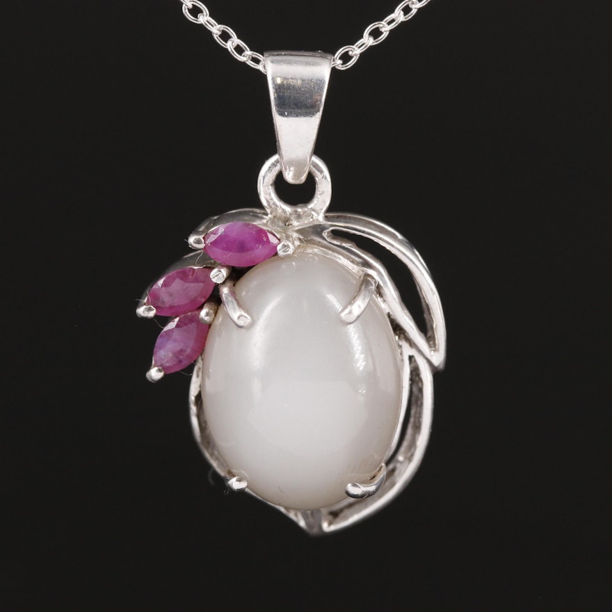 Sterling Moonstone and Ruby Drop Pendant Necklace