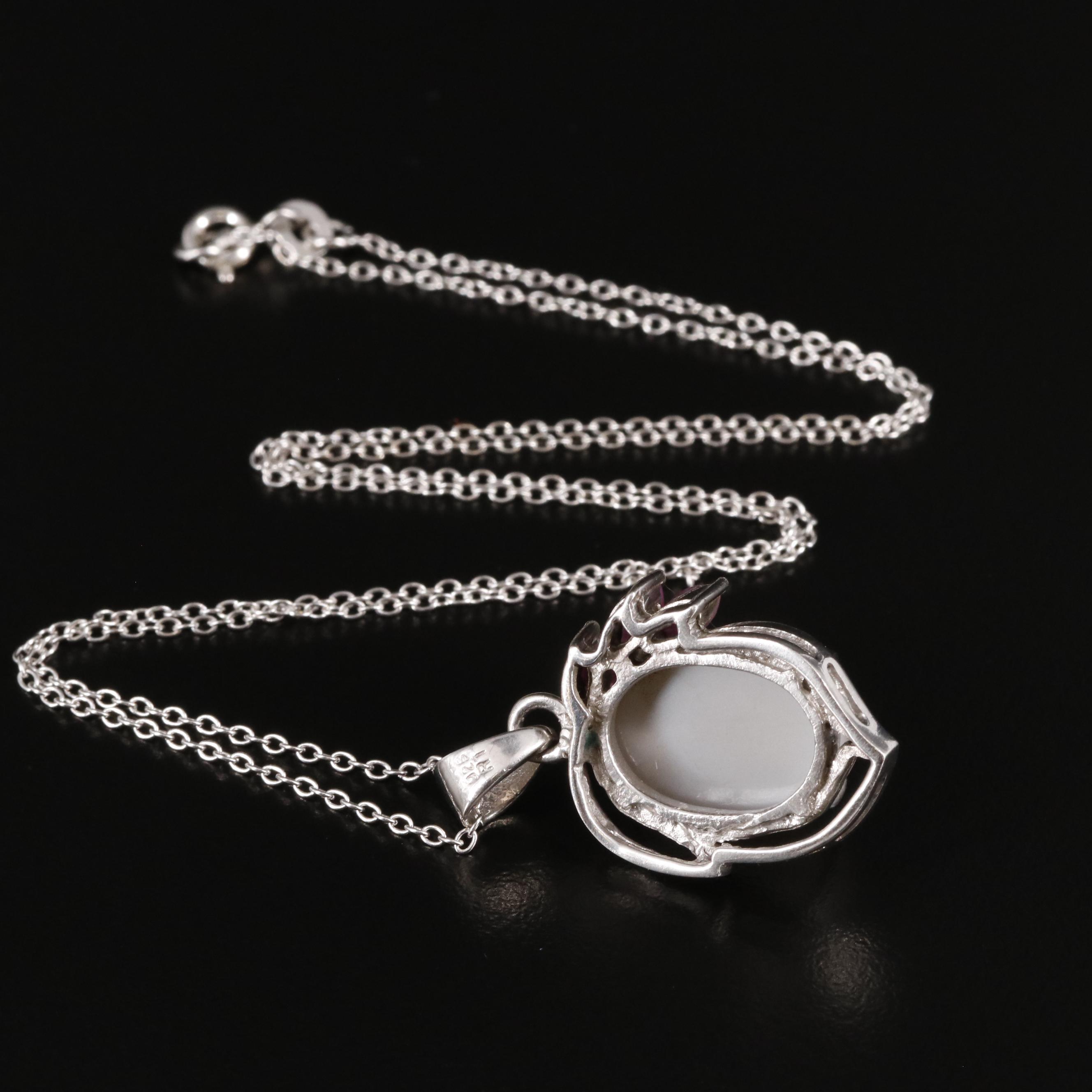 Sterling Moonstone and Ruby Drop Pendant Necklace