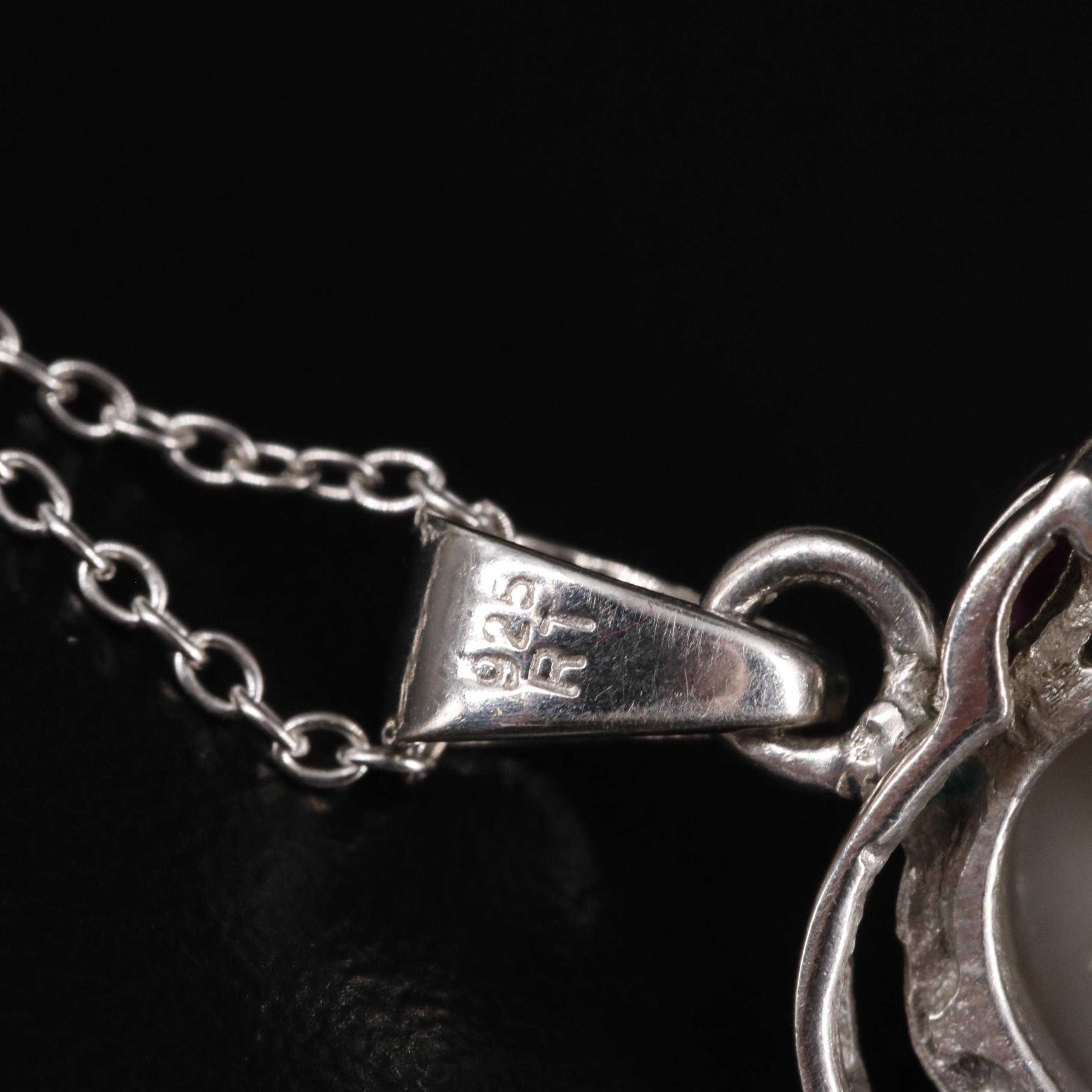 Sterling Moonstone and Ruby Drop Pendant Necklace