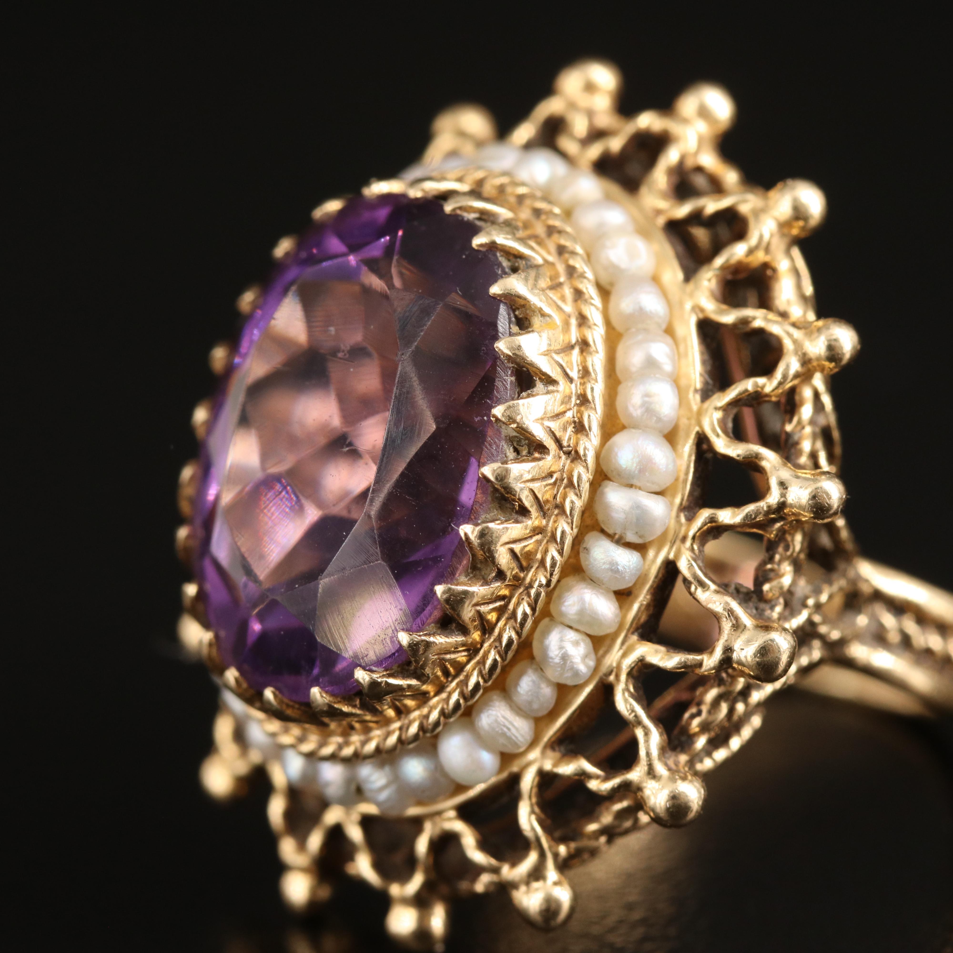 14K Amethyst and Seed Pearl Ring