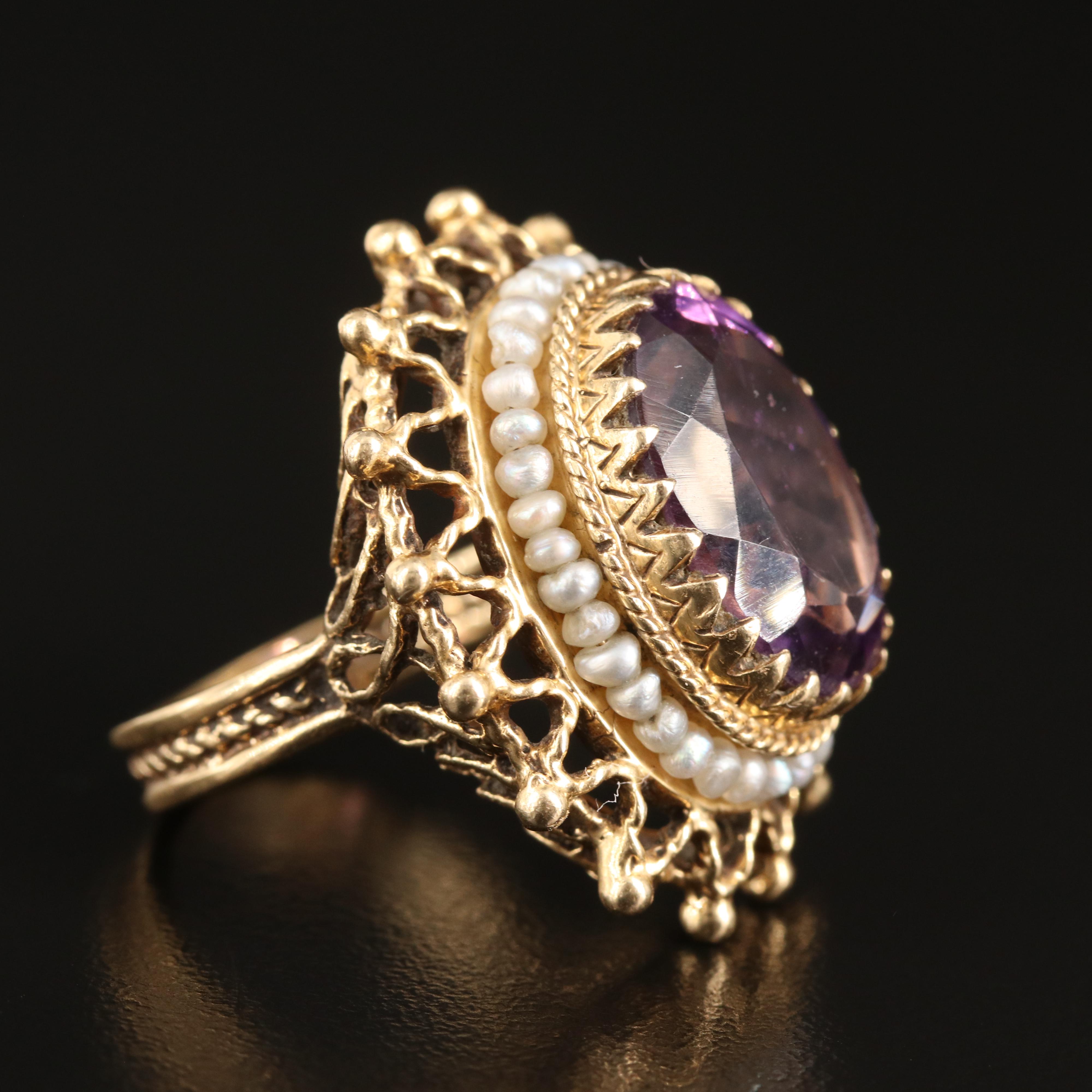 14K Amethyst and Seed Pearl Ring