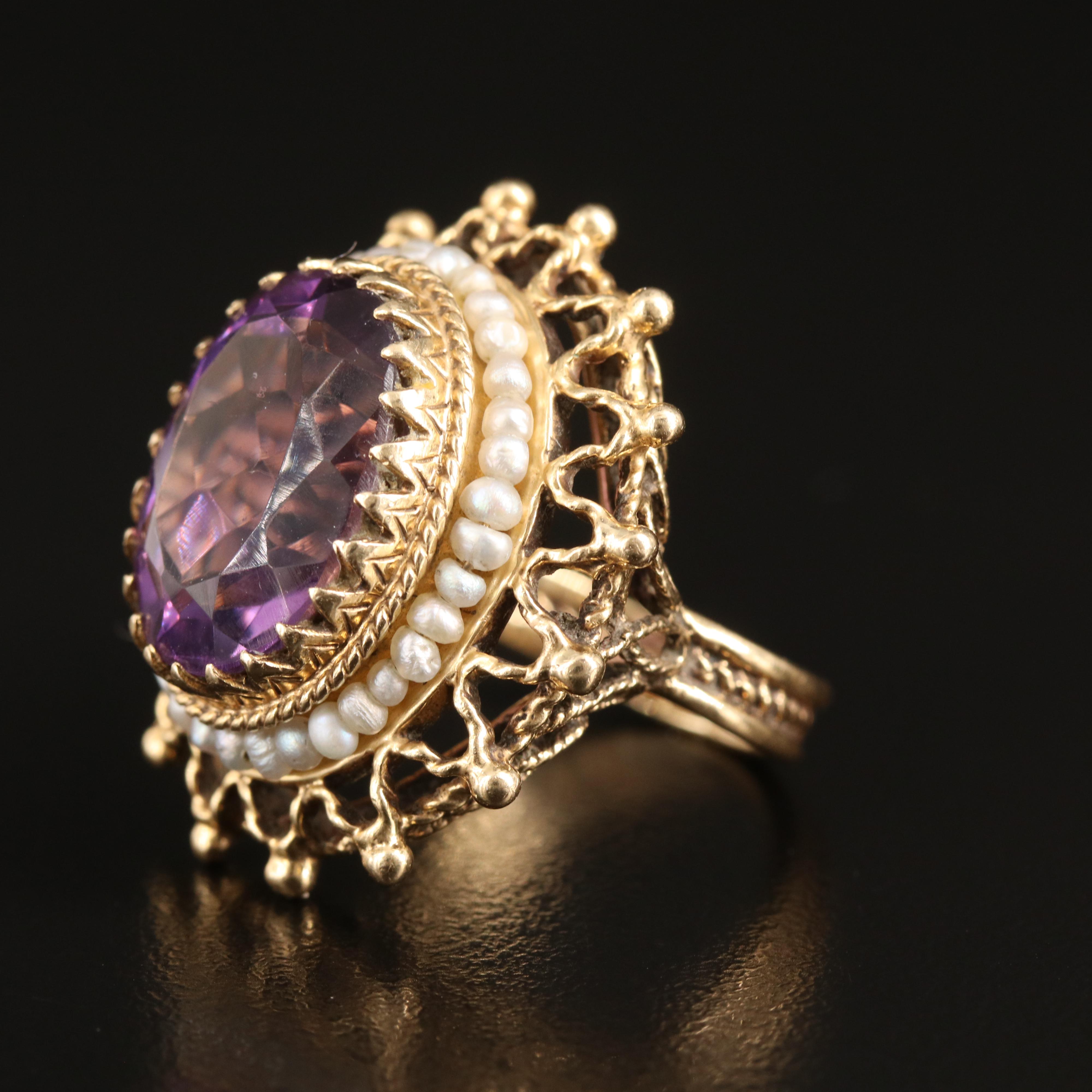 14K Amethyst and Seed Pearl Ring