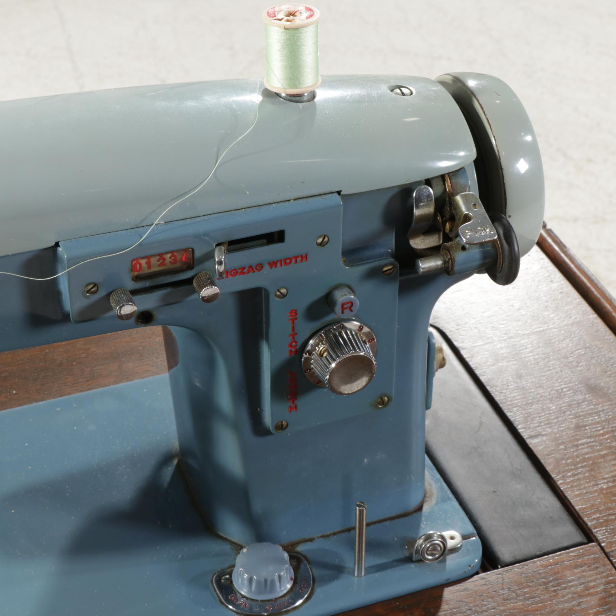 White "Domestic" Model 5135 Sewing Machine in Oak Cabinet, Mid-20th Century