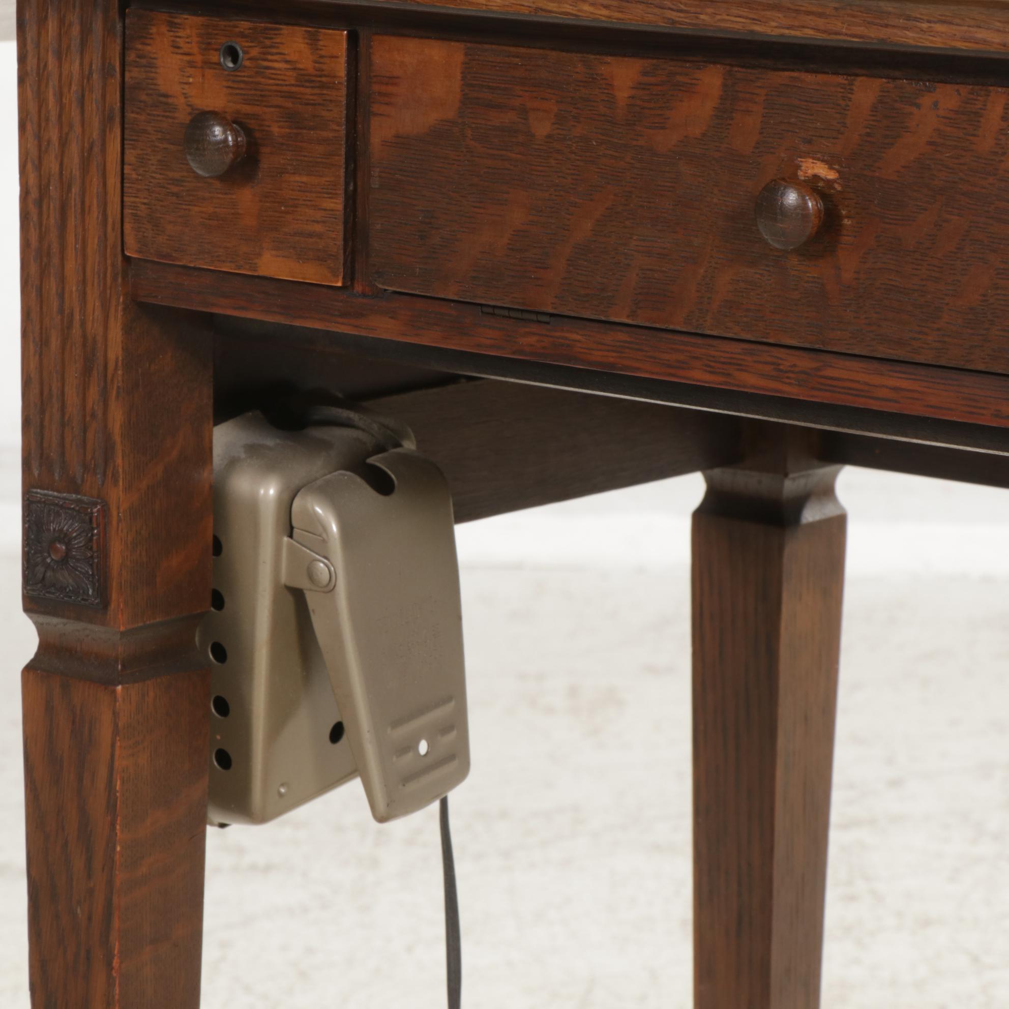 White "Domestic" Model 5135 Sewing Machine in Oak Cabinet, Mid-20th Century