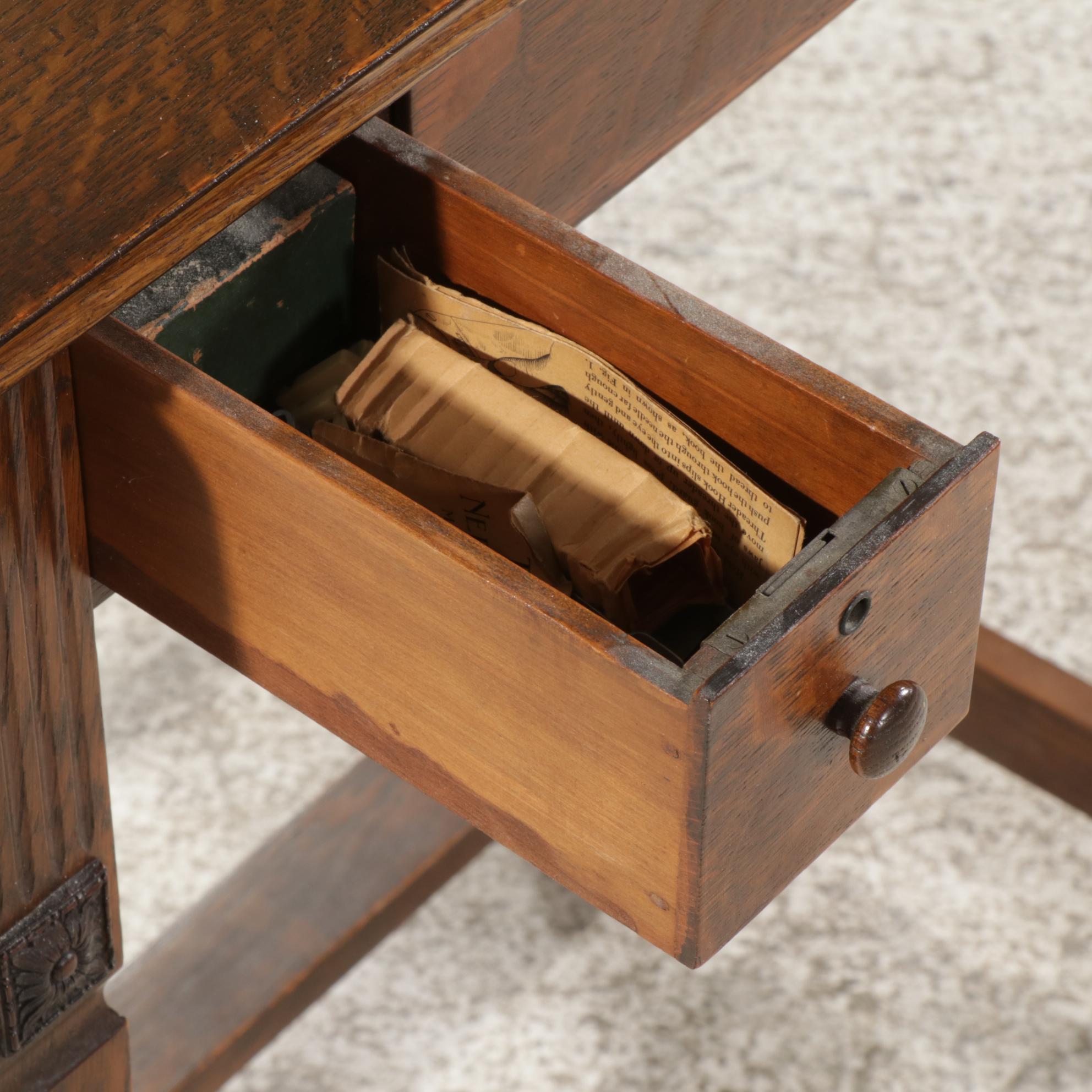 White "Domestic" Model 5135 Sewing Machine in Oak Cabinet, Mid-20th Century