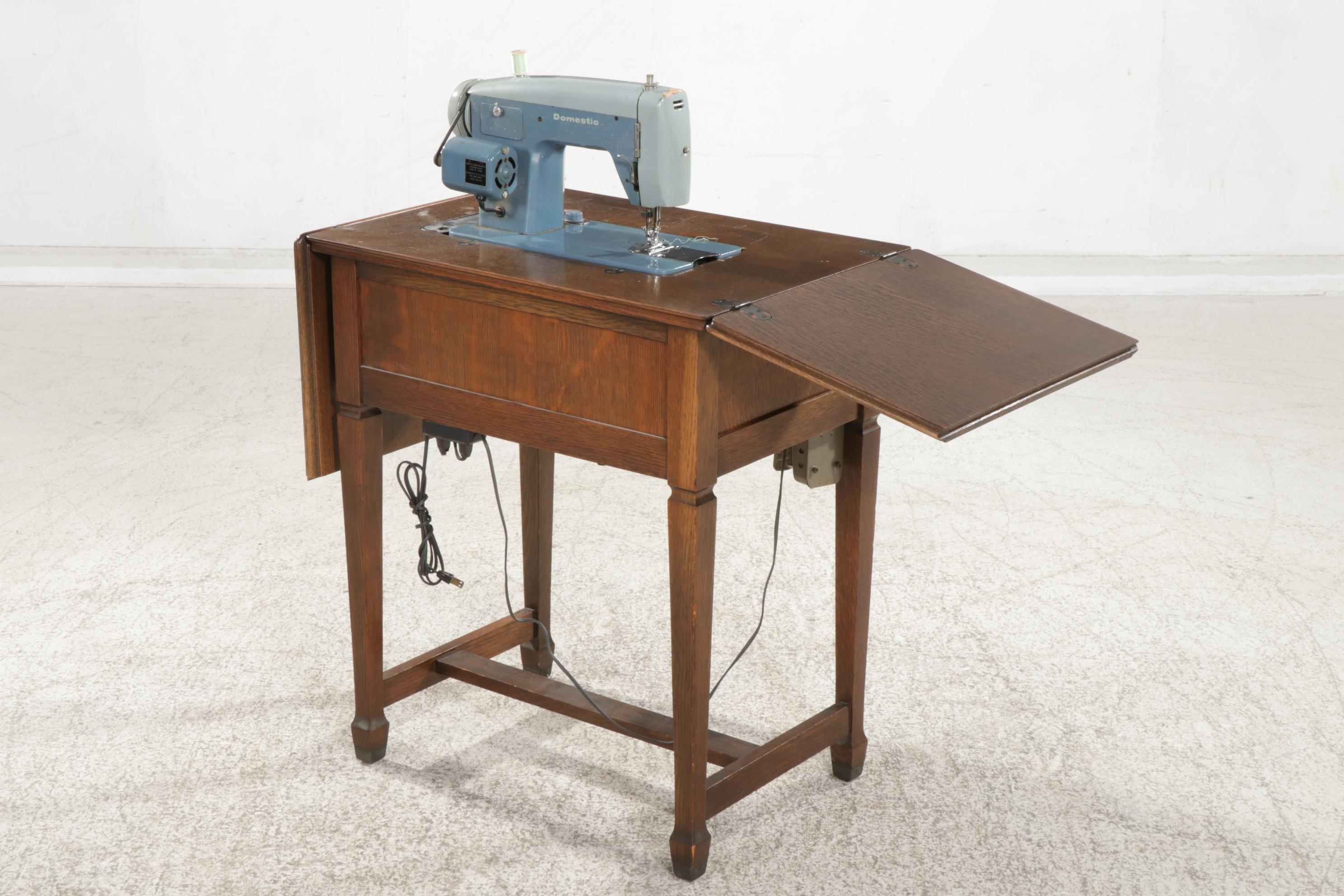 White "Domestic" Model 5135 Sewing Machine in Oak Cabinet, Mid-20th Century