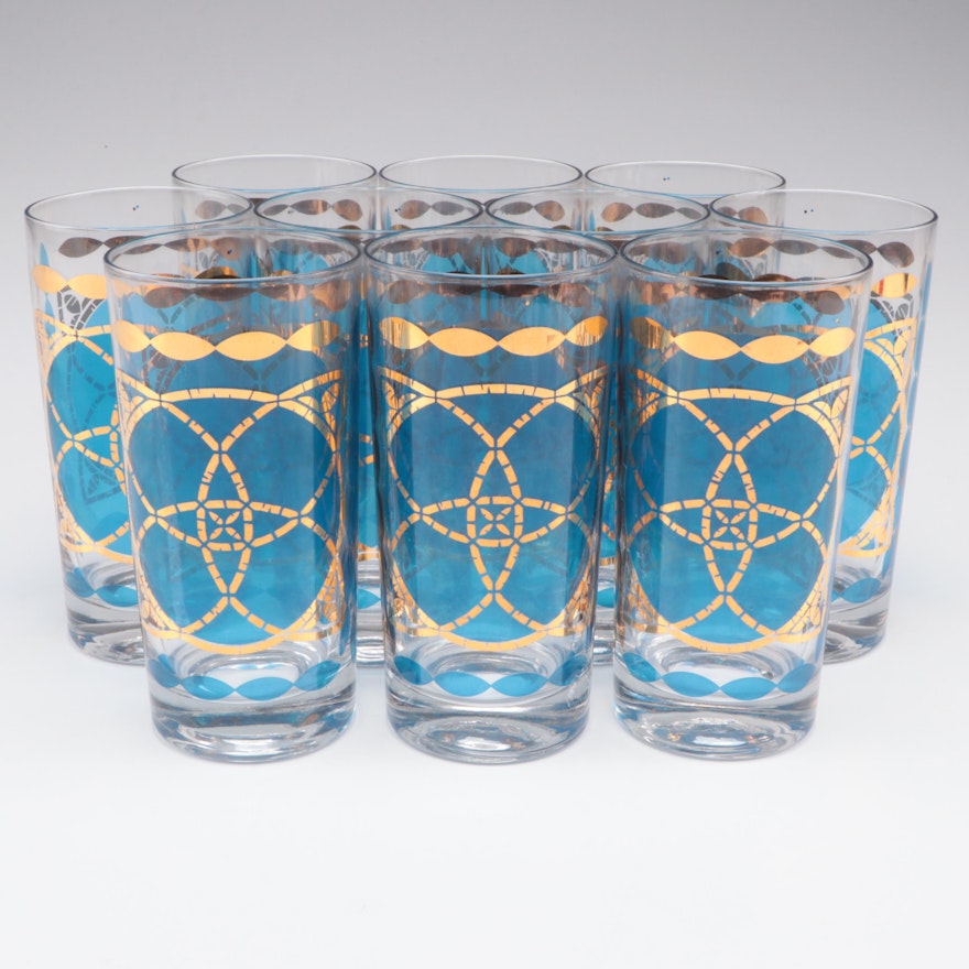 Mid Century Modern Style Blue and Gilt Highball Glasses, Mid-Late 20th Century