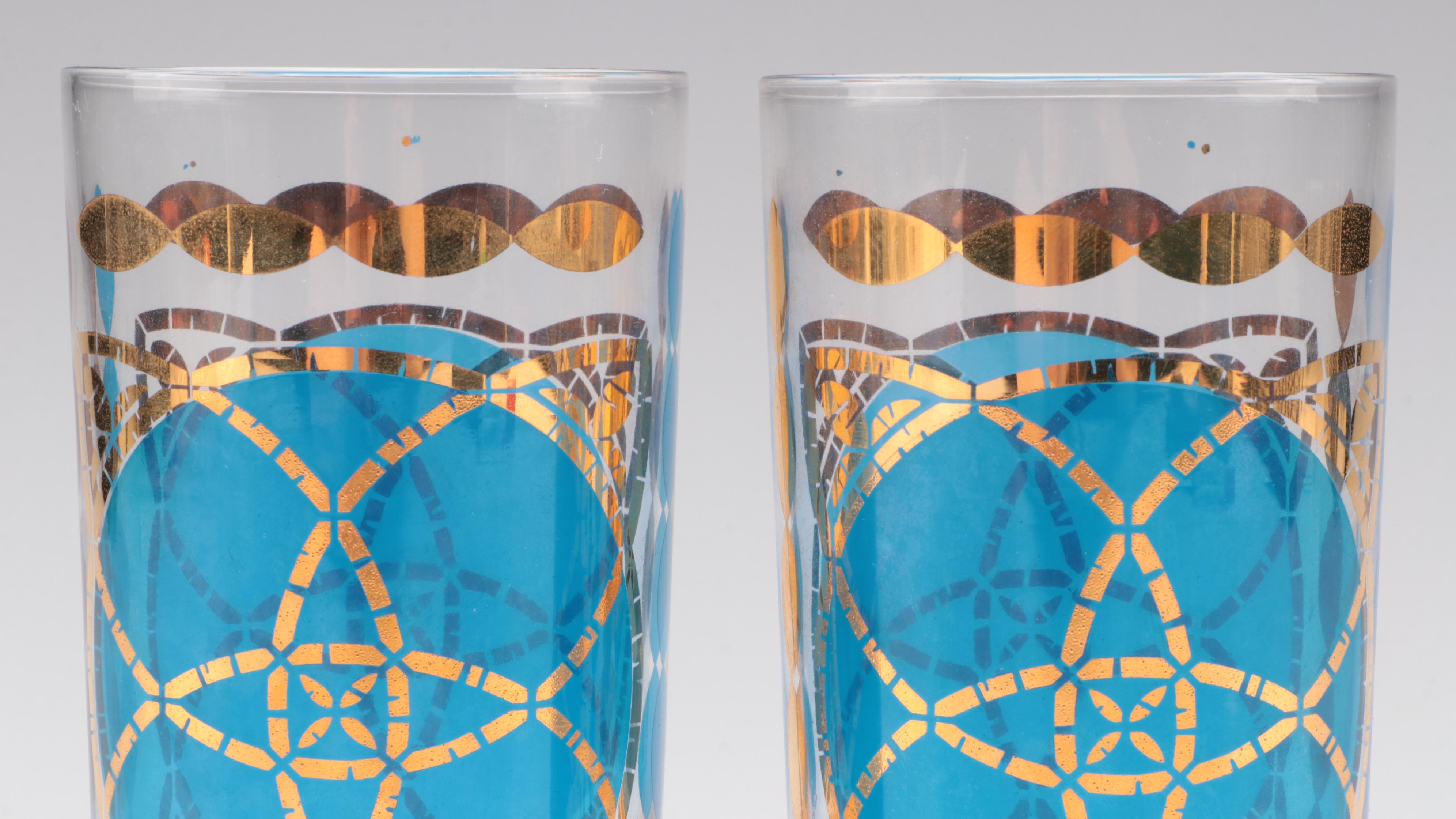 Mid Century Modern Style Blue and Gilt Highball Glasses, Mid-Late 20th Century