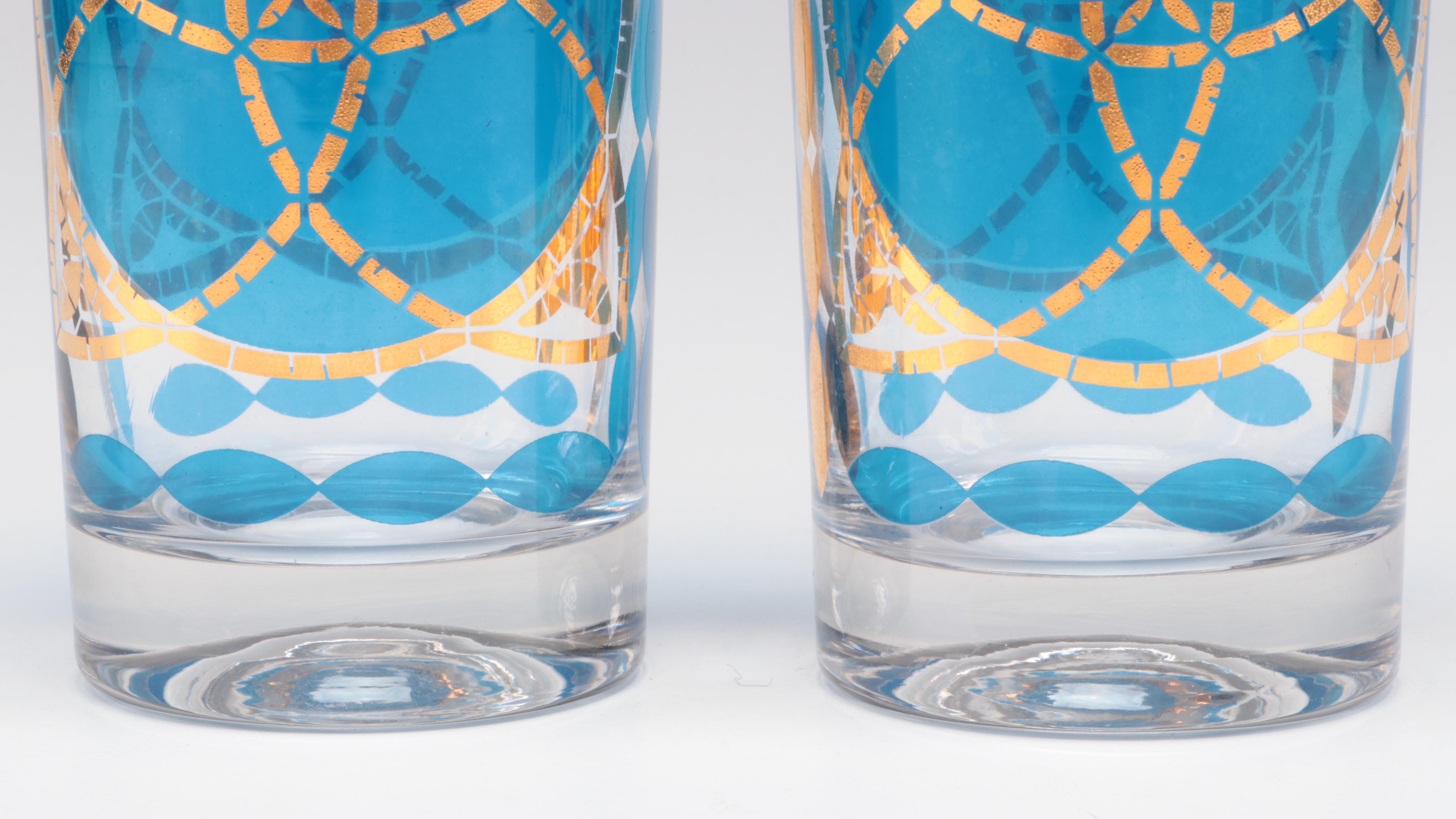 Mid Century Modern Style Blue and Gilt Highball Glasses, Mid-Late 20th Century