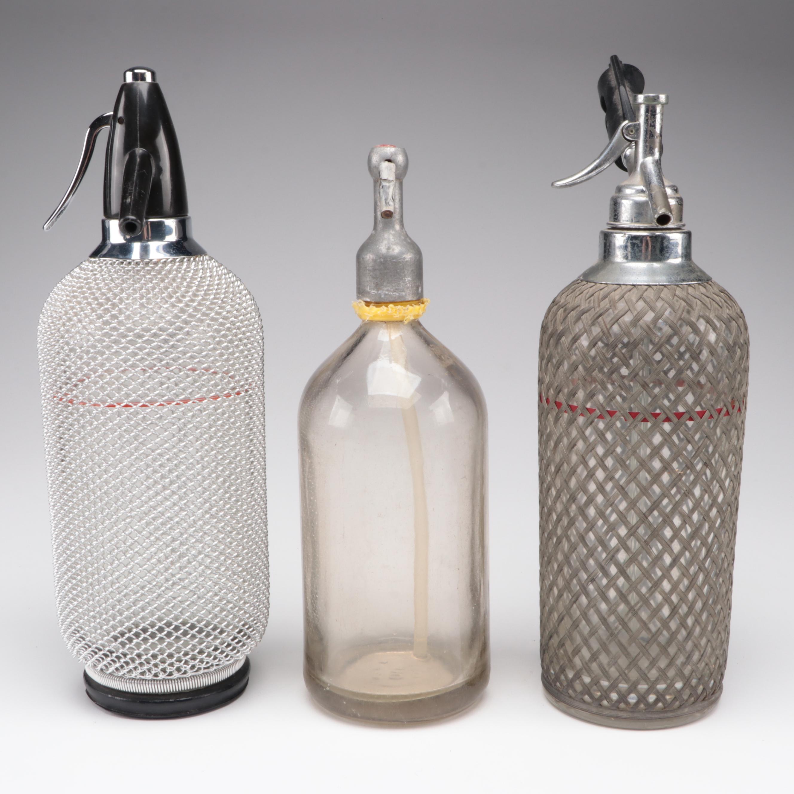Art Deco Style Metal Mesh and Glass Seltzer Bottles, 20th Century