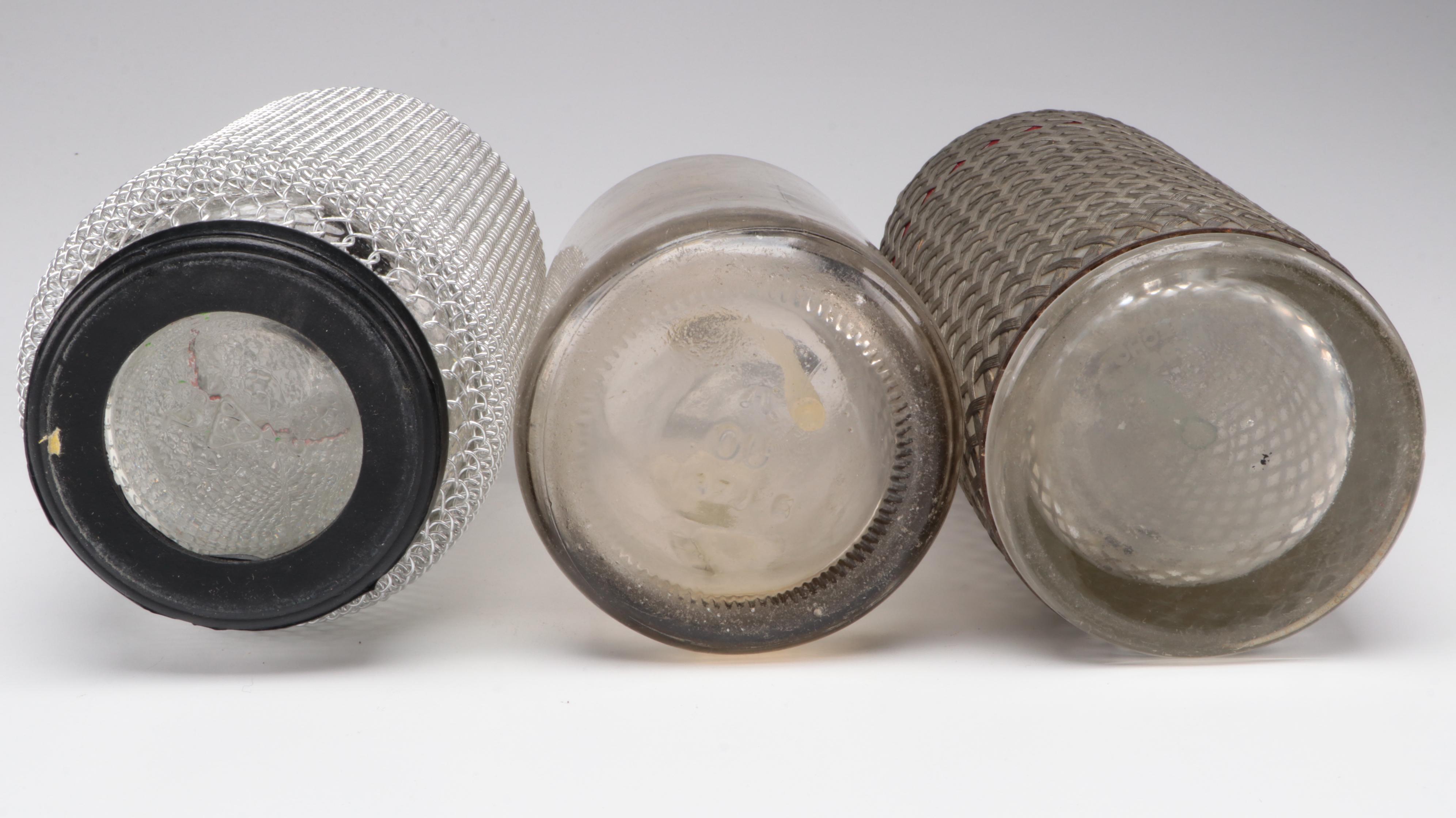 Art Deco Style Metal Mesh and Glass Seltzer Bottles, 20th Century