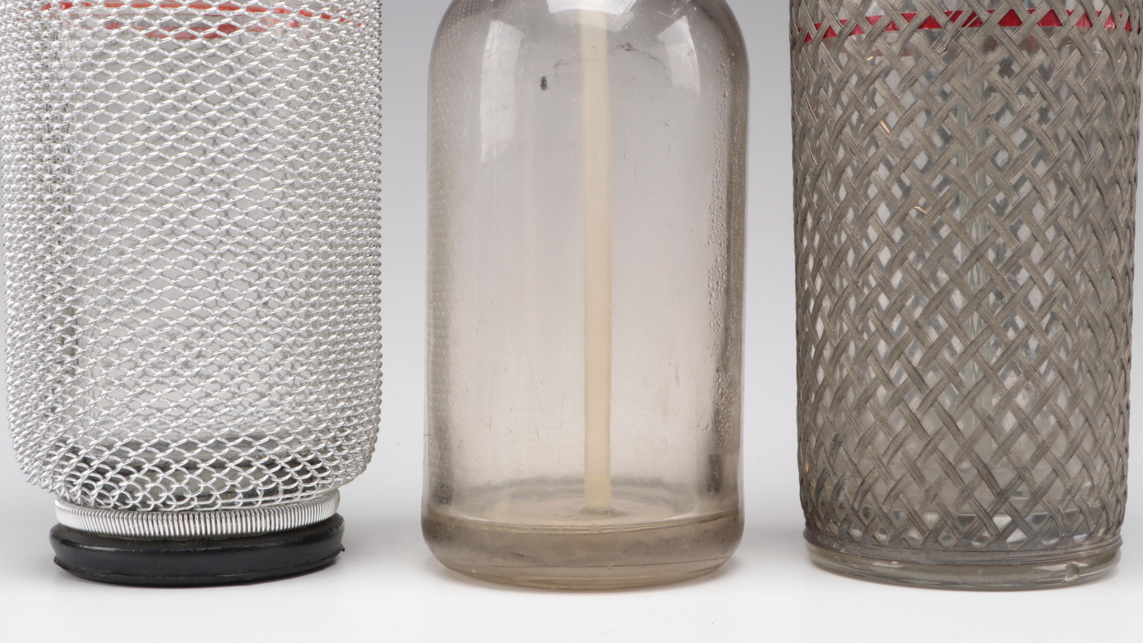 Art Deco Style Metal Mesh and Glass Seltzer Bottles, 20th Century