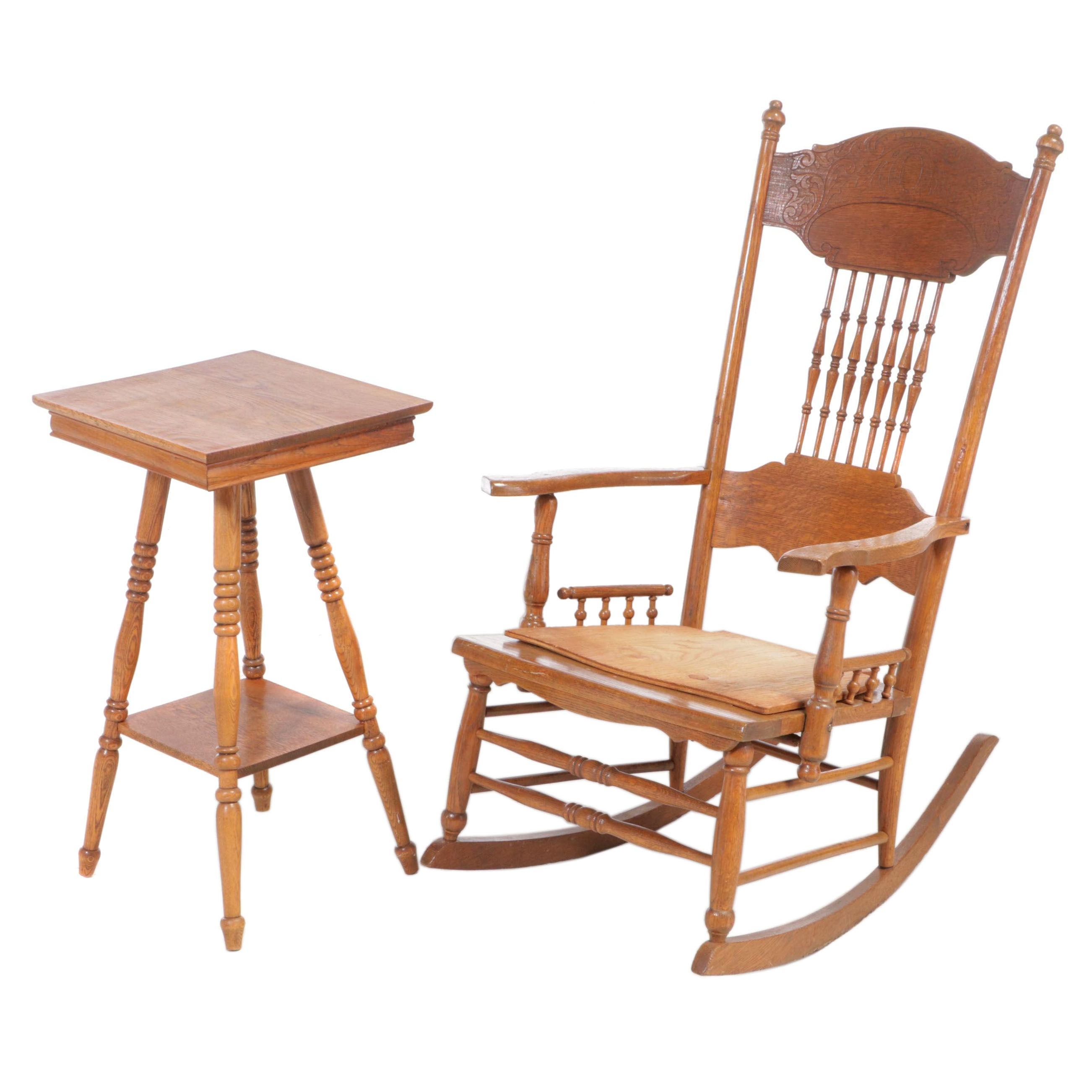 Late Victorian Oak Pressed-Back Rocker Plus Side Table, circa 1900