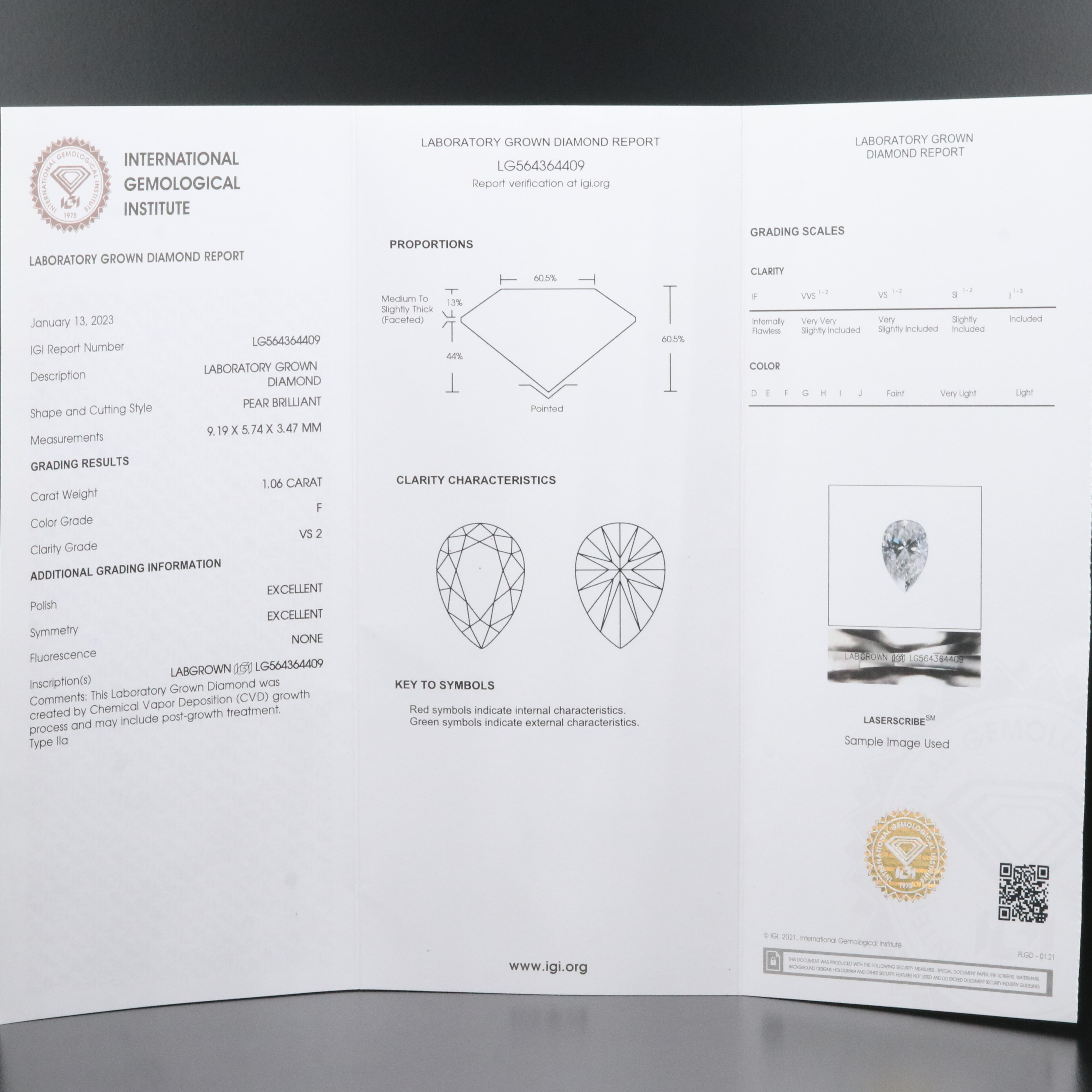 Loose 1.06 CT Lab Grown Diamond with IGI Report