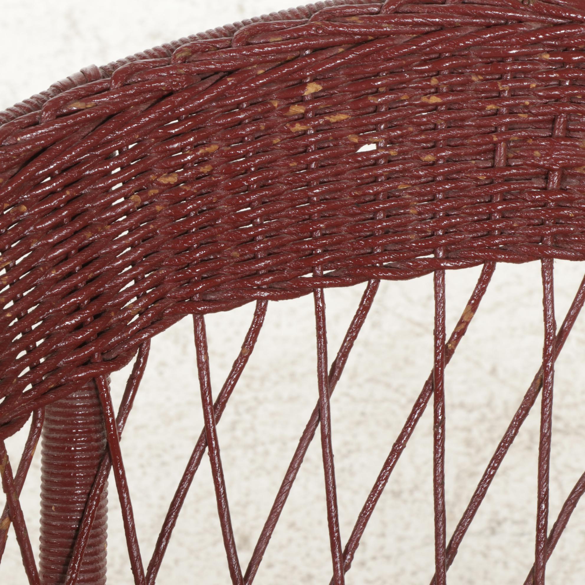 Burgundy-Painted Wicker Chair with Removable Upholstered Seat, circa 1940