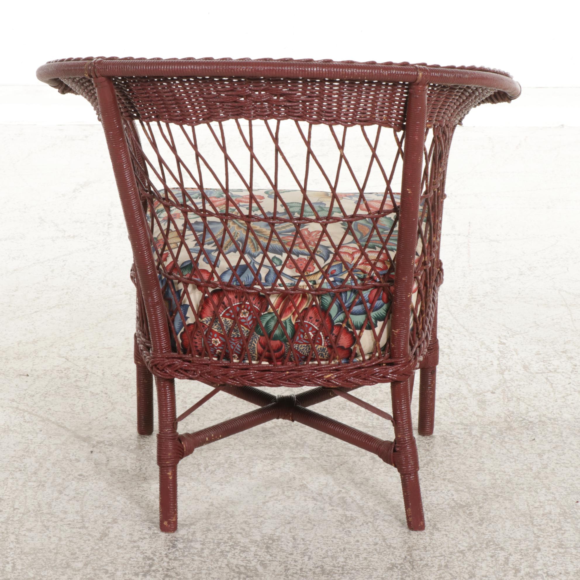 Burgundy-Painted Wicker Chair with Removable Upholstered Seat, circa 1940