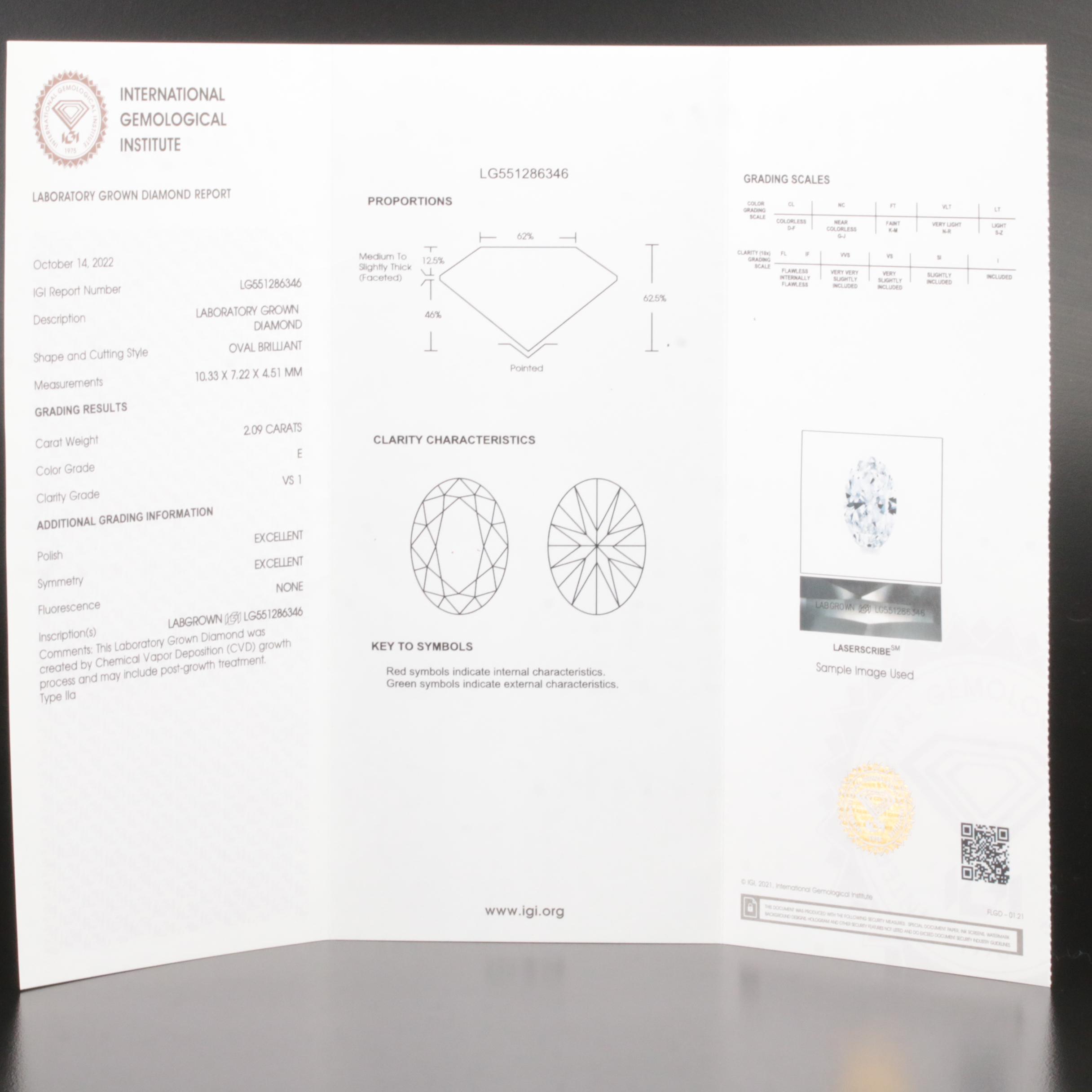 Loose 2.09 CT Lab Grown Diamond with IGI Report