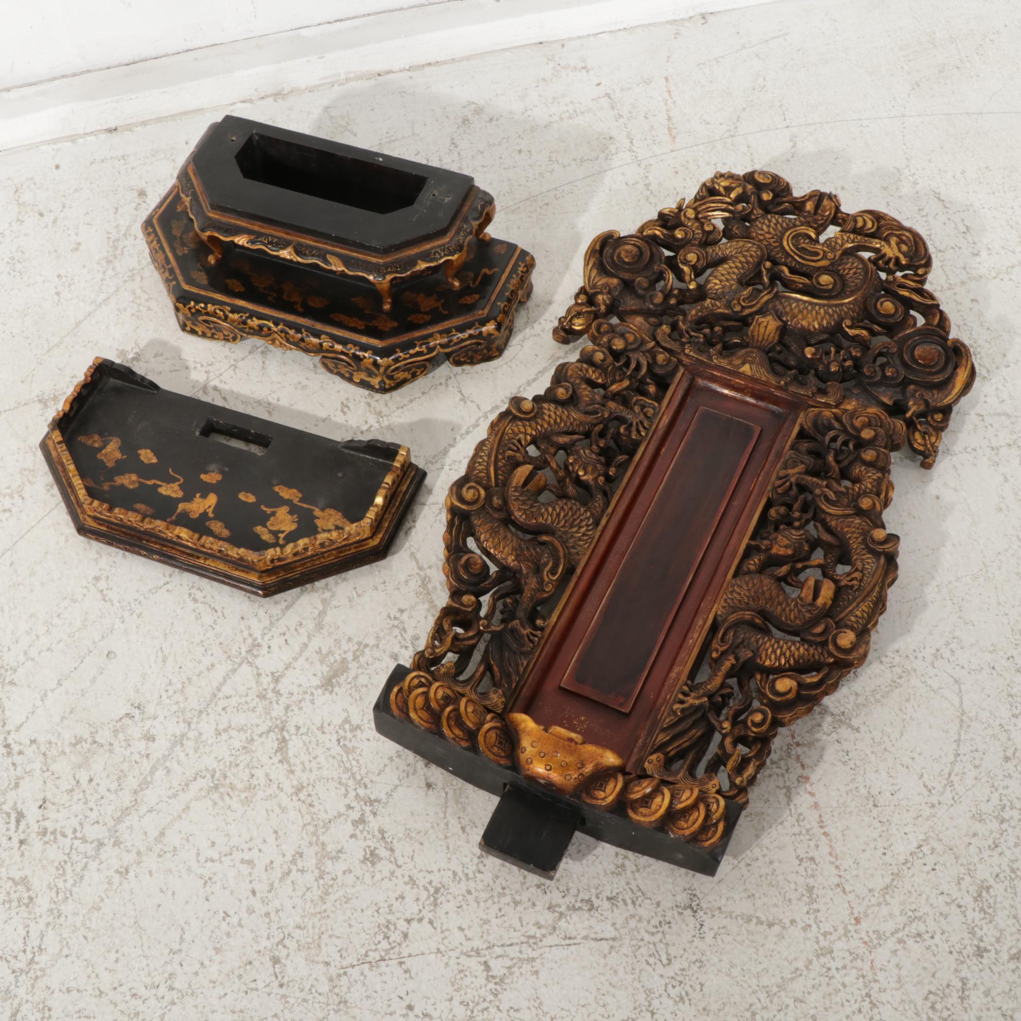 Chinese Parcel-Gilt, Black and Red Lacquer Three-Piece Shrine