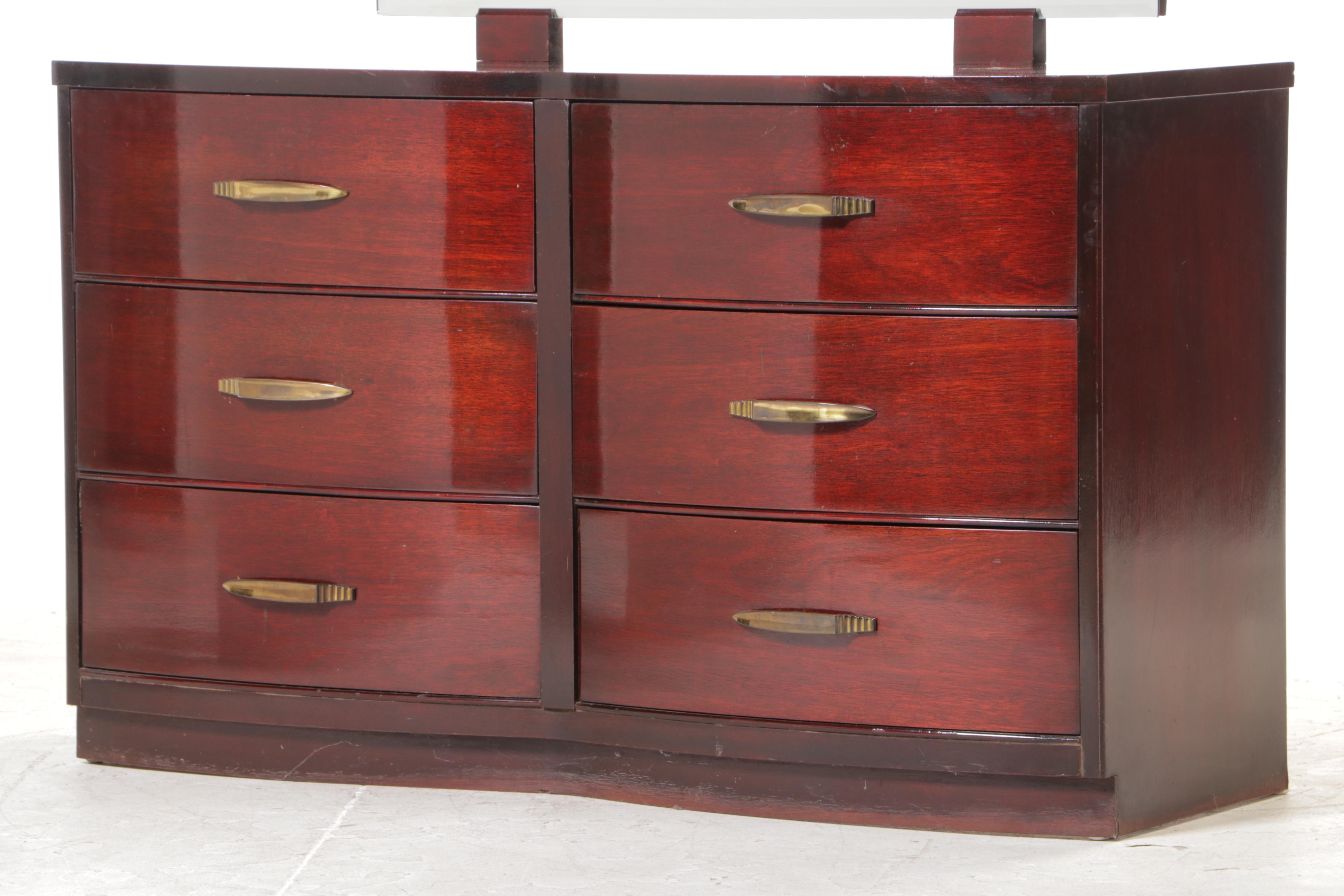 Art Deco Mahogany Six-Drawer Serpentine-Front Dresser, Mid-20th Century