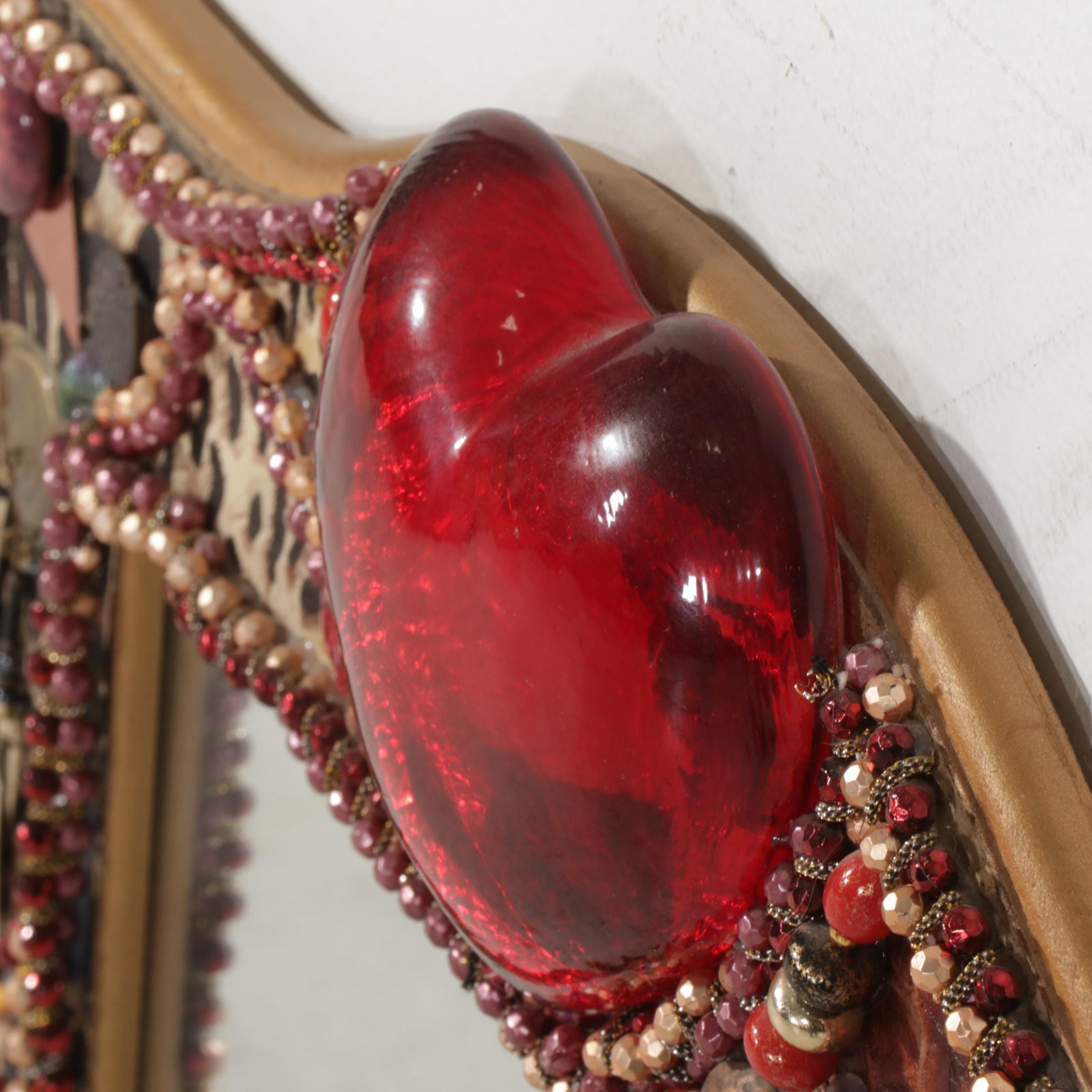 Blown Glass Heart with Wings and Hand-Embellished Wall Mirror
