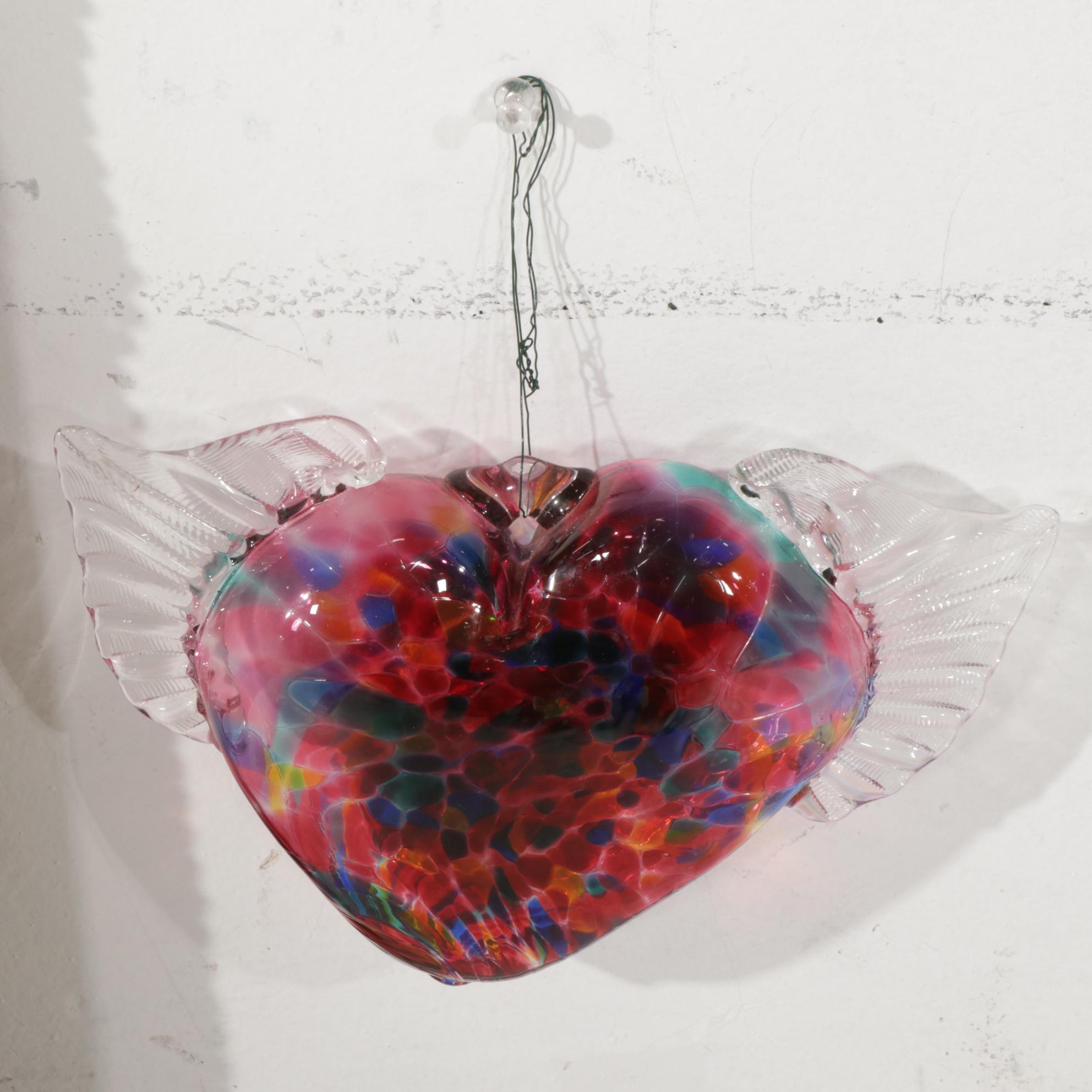 Blown Glass Heart with Wings and Hand-Embellished Wall Mirror