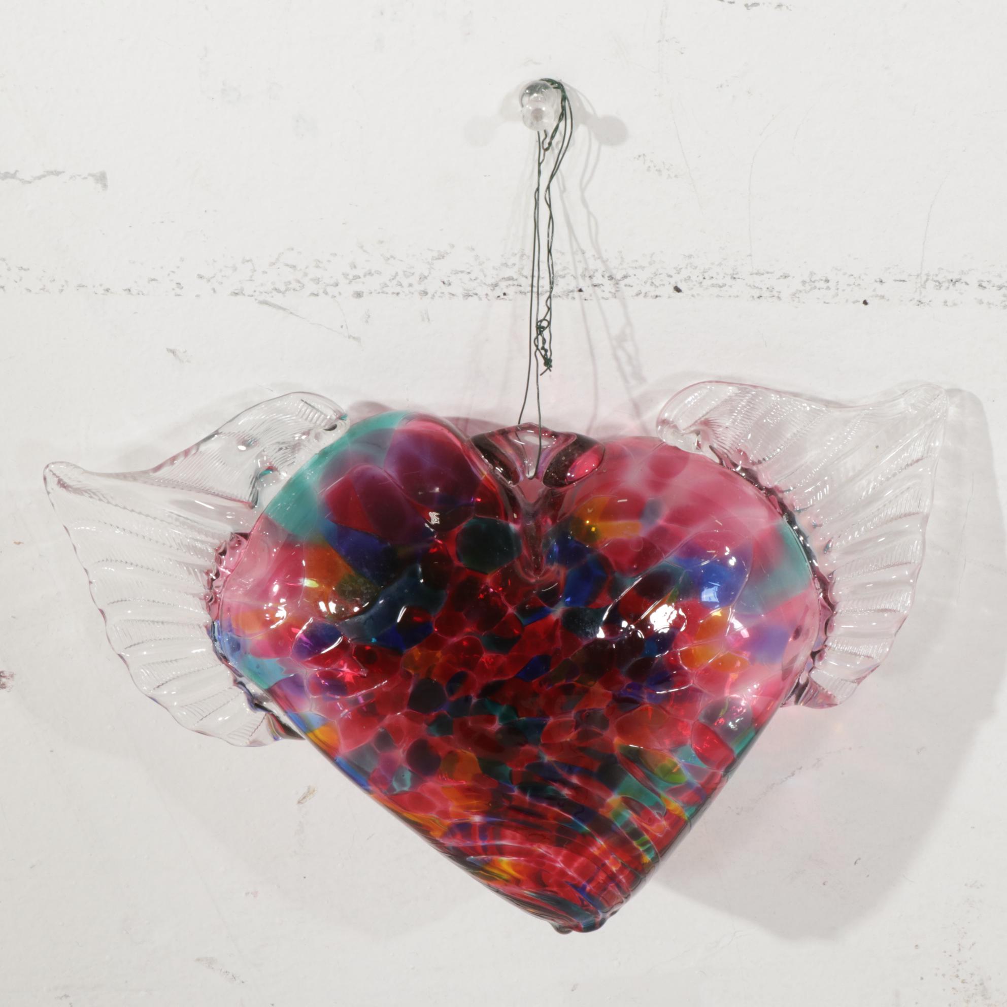 Blown Glass Heart with Wings and Hand-Embellished Wall Mirror