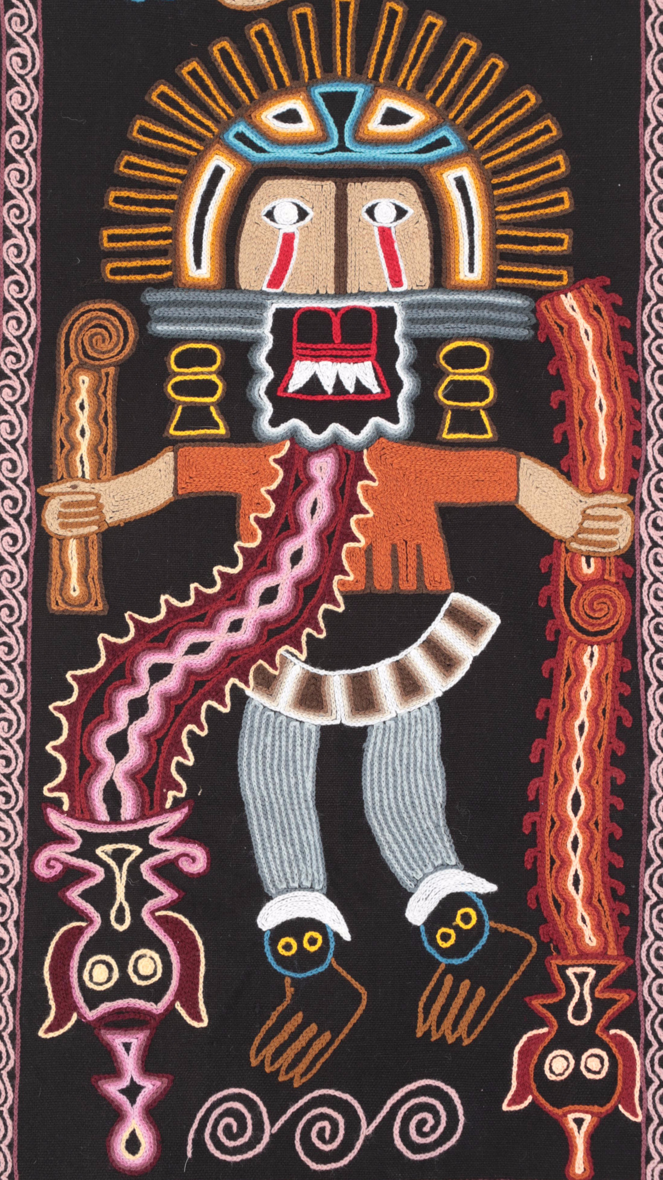 Peruvian Inca Style Chain-Stitch Embroidered Wall Hanging