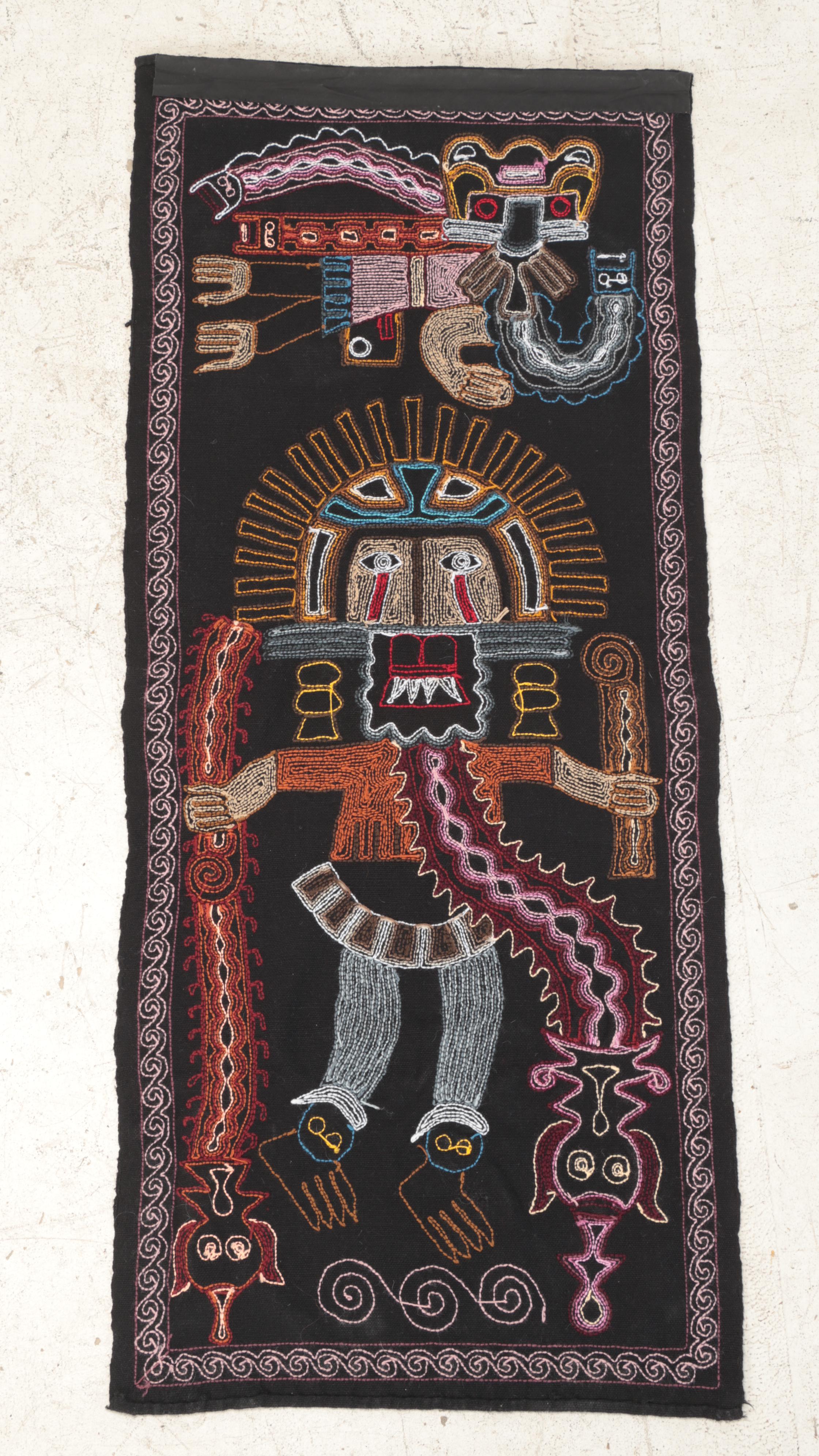 Peruvian Inca Style Chain-Stitch Embroidered Wall Hanging