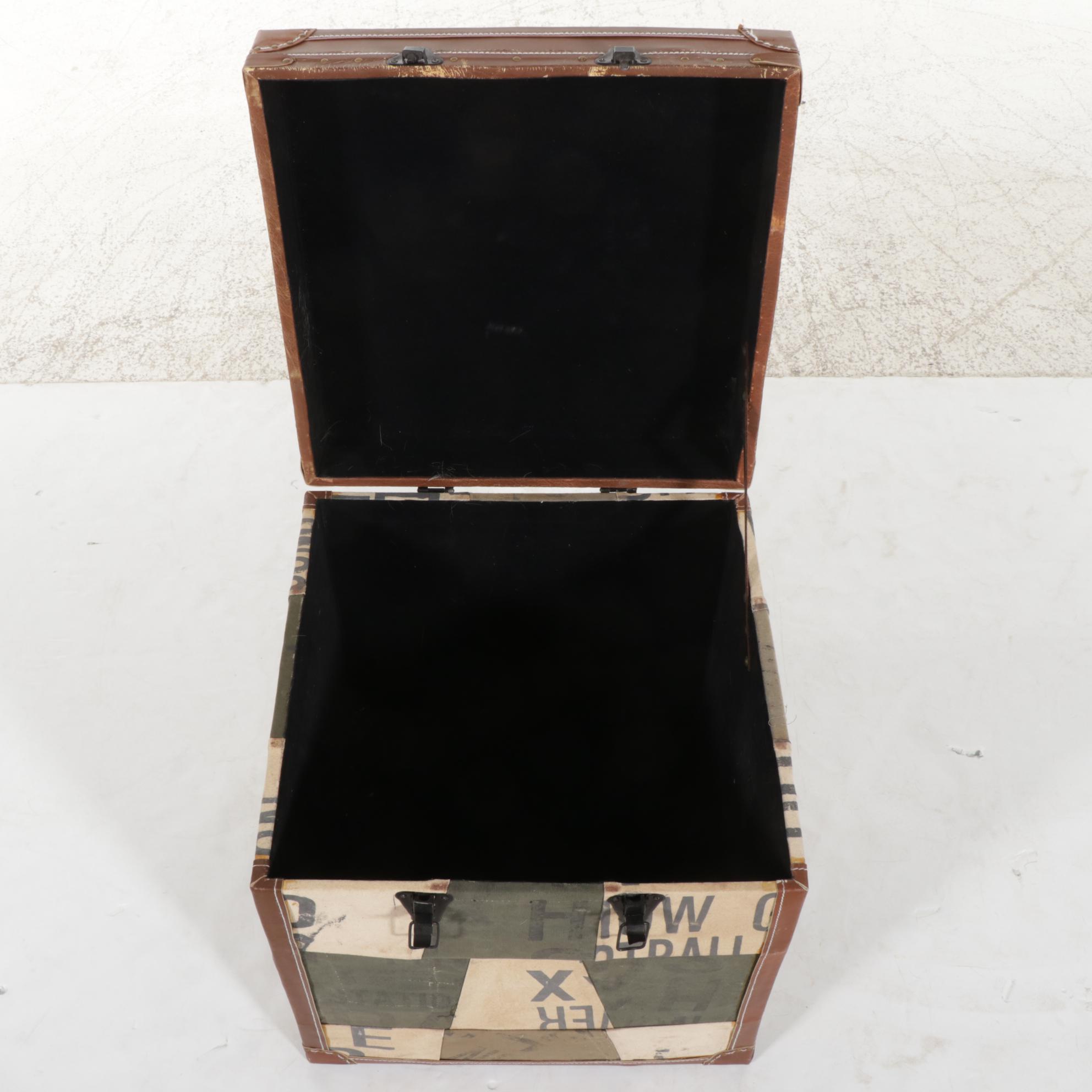 Fur and Leather Pillows, Wrought Iron Picture Frame, and Leather Trimmed Trunk