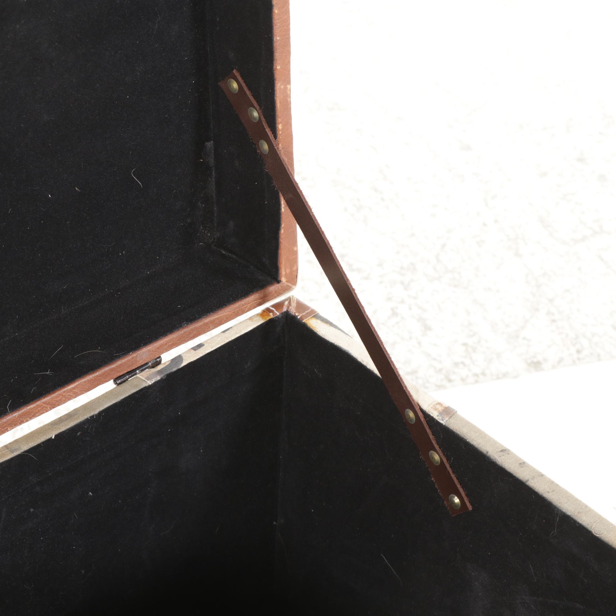 Fur and Leather Pillows, Wrought Iron Picture Frame, and Leather Trimmed Trunk