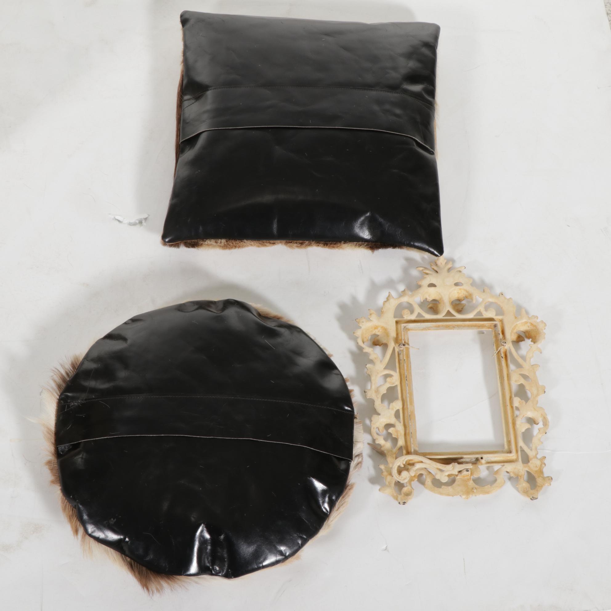 Fur and Leather Pillows, Wrought Iron Picture Frame, and Leather Trimmed Trunk