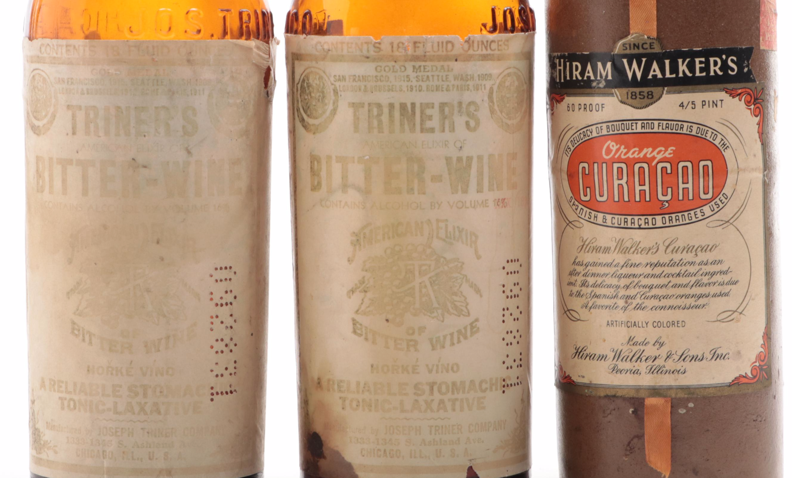 Triner's Bitter-Wine and Hiram Walker Orange Curaçao Bottles, Early 20th Century