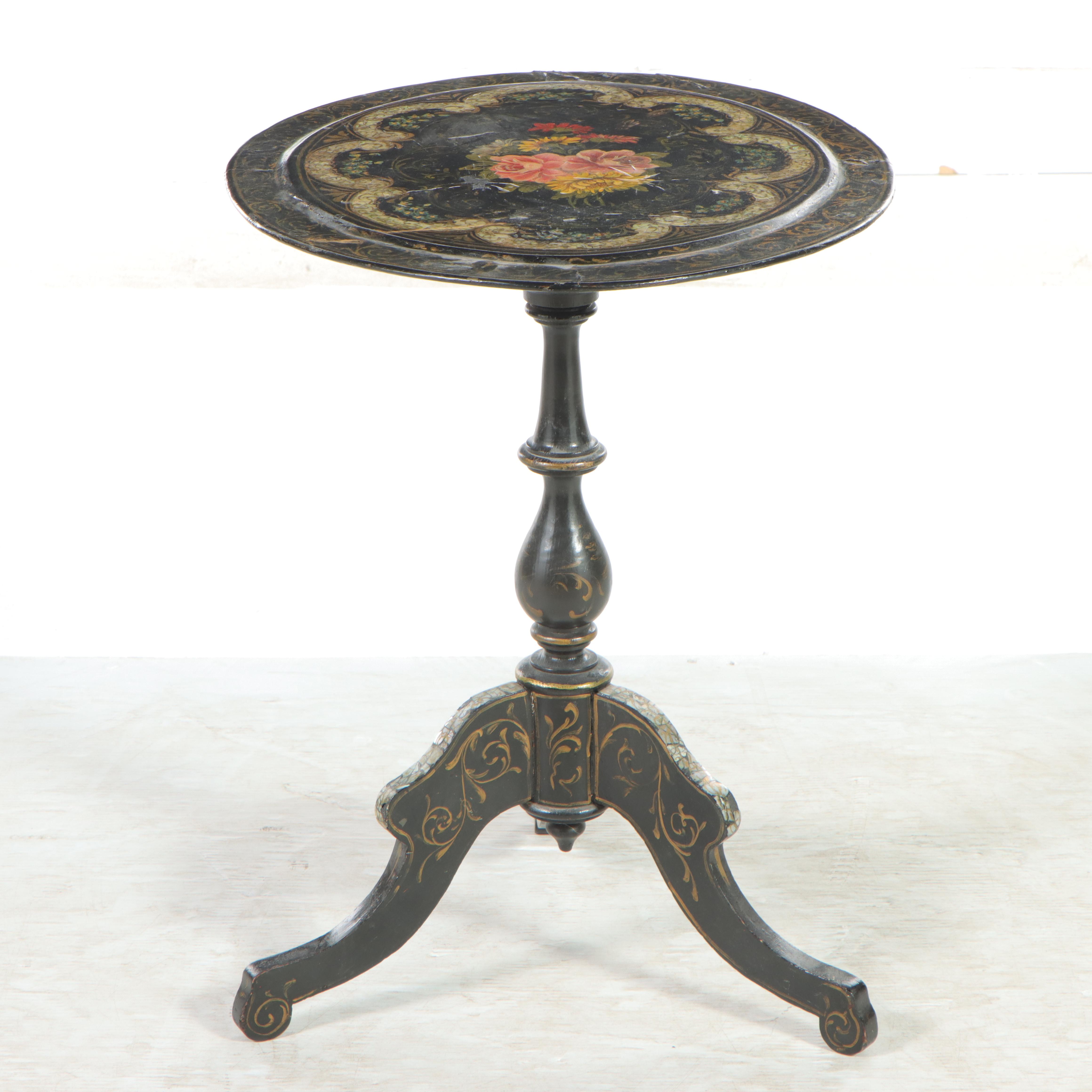 Victorian Painted and Shell-Inlaid Papier-mâché Tilt Top Table