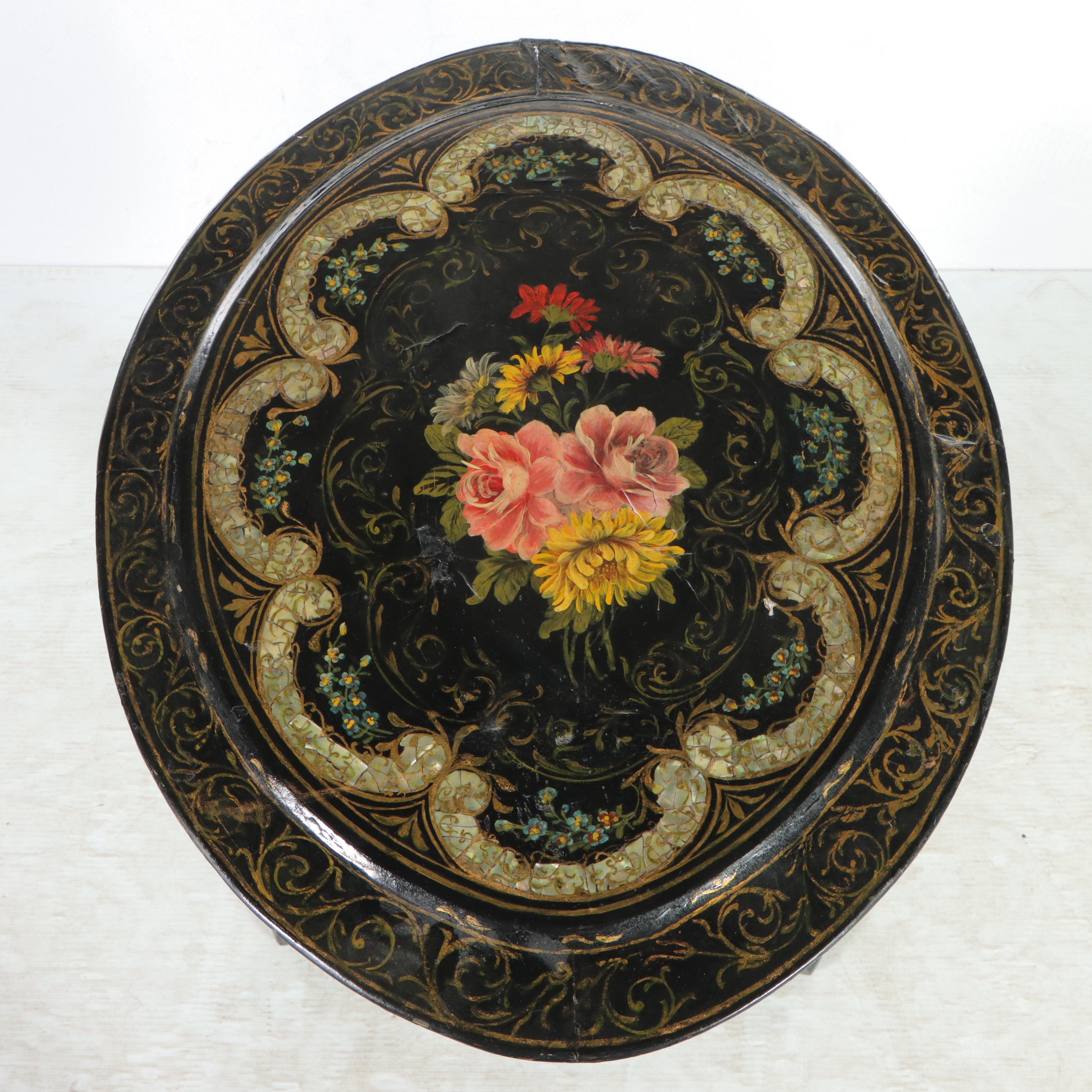 Victorian Painted and Shell-Inlaid Papier-mâché Tilt Top Table