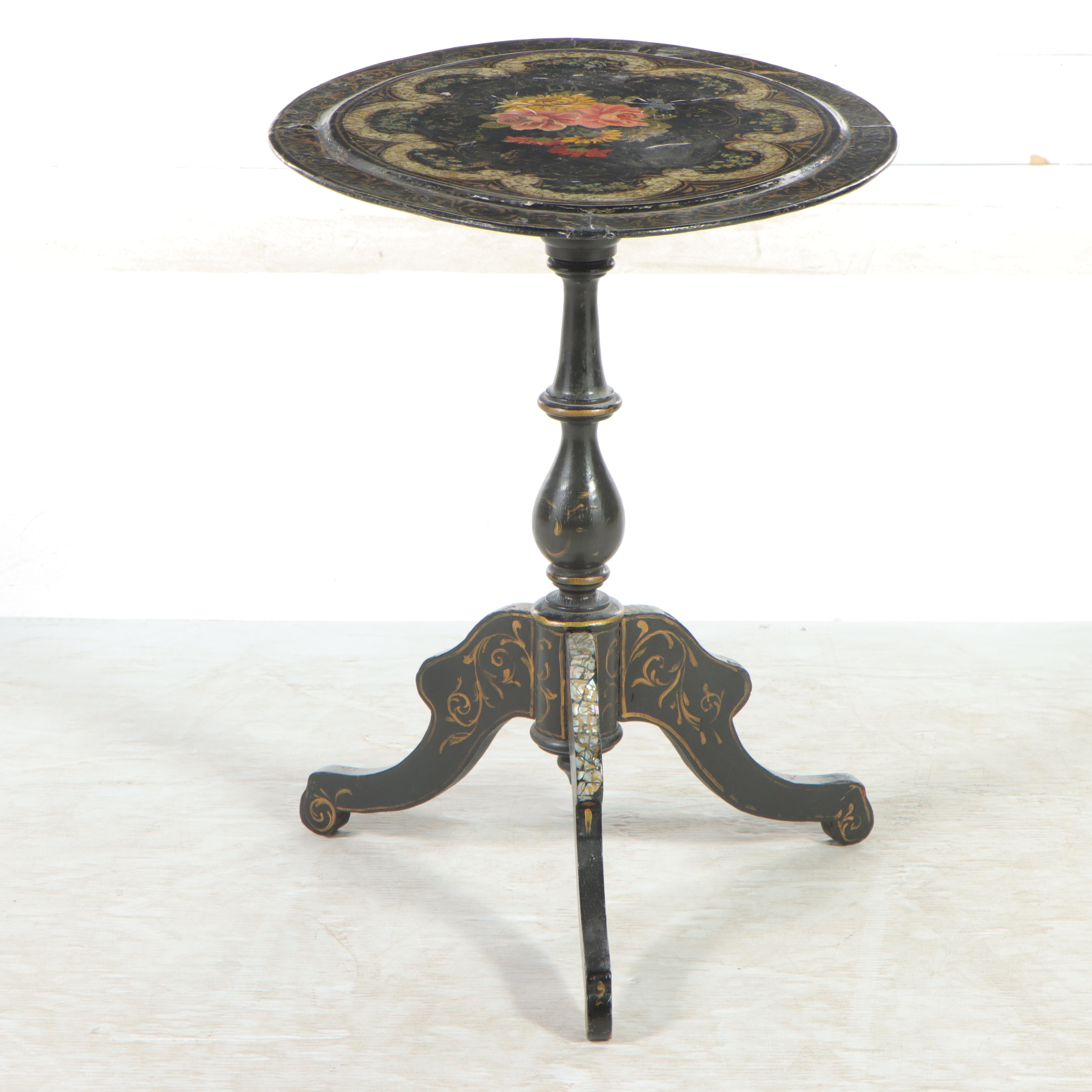 Victorian Painted and Shell-Inlaid Papier-mâché Tilt Top Table