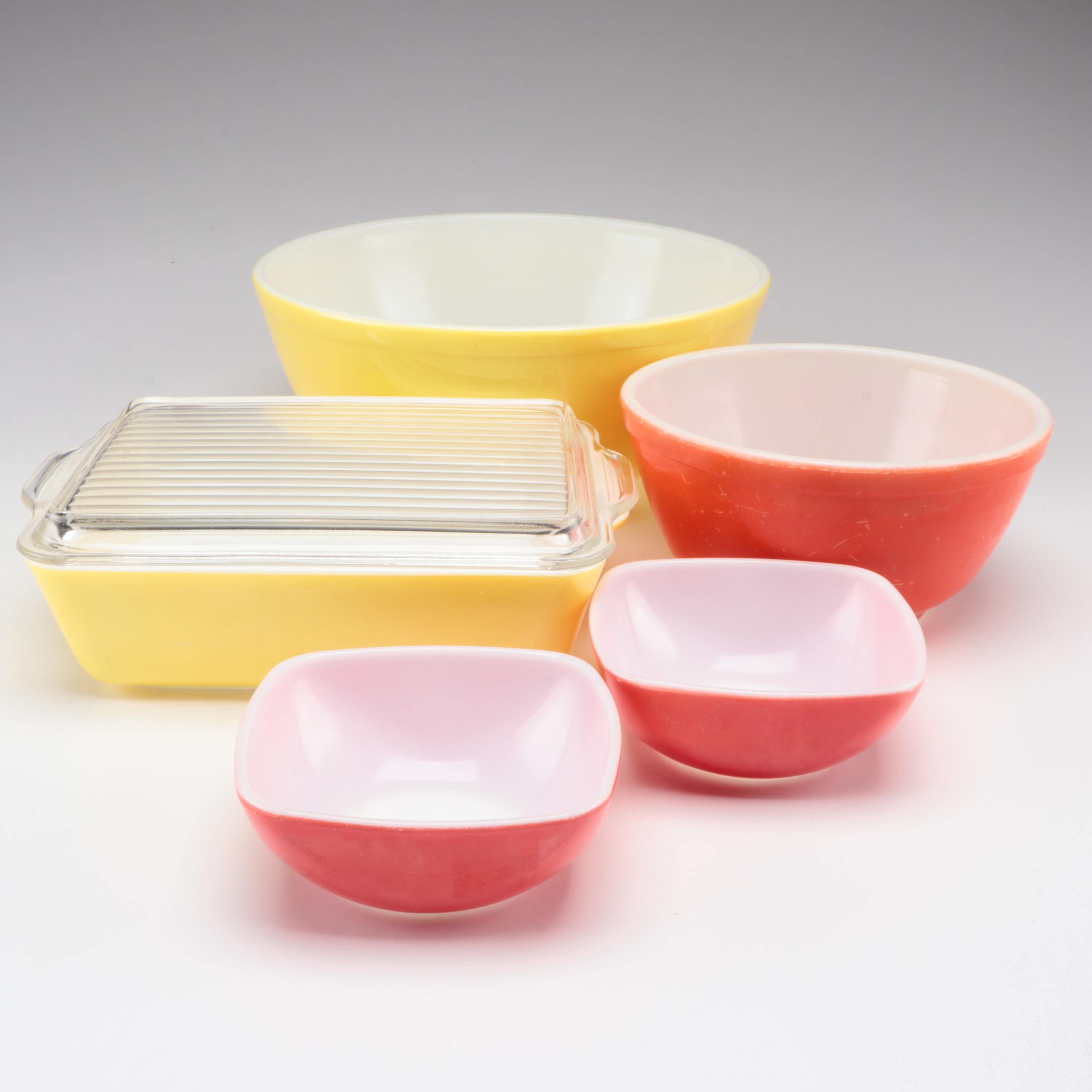 Pyrex Refrigerator Dish and "Primary Color" Glass Bowls
