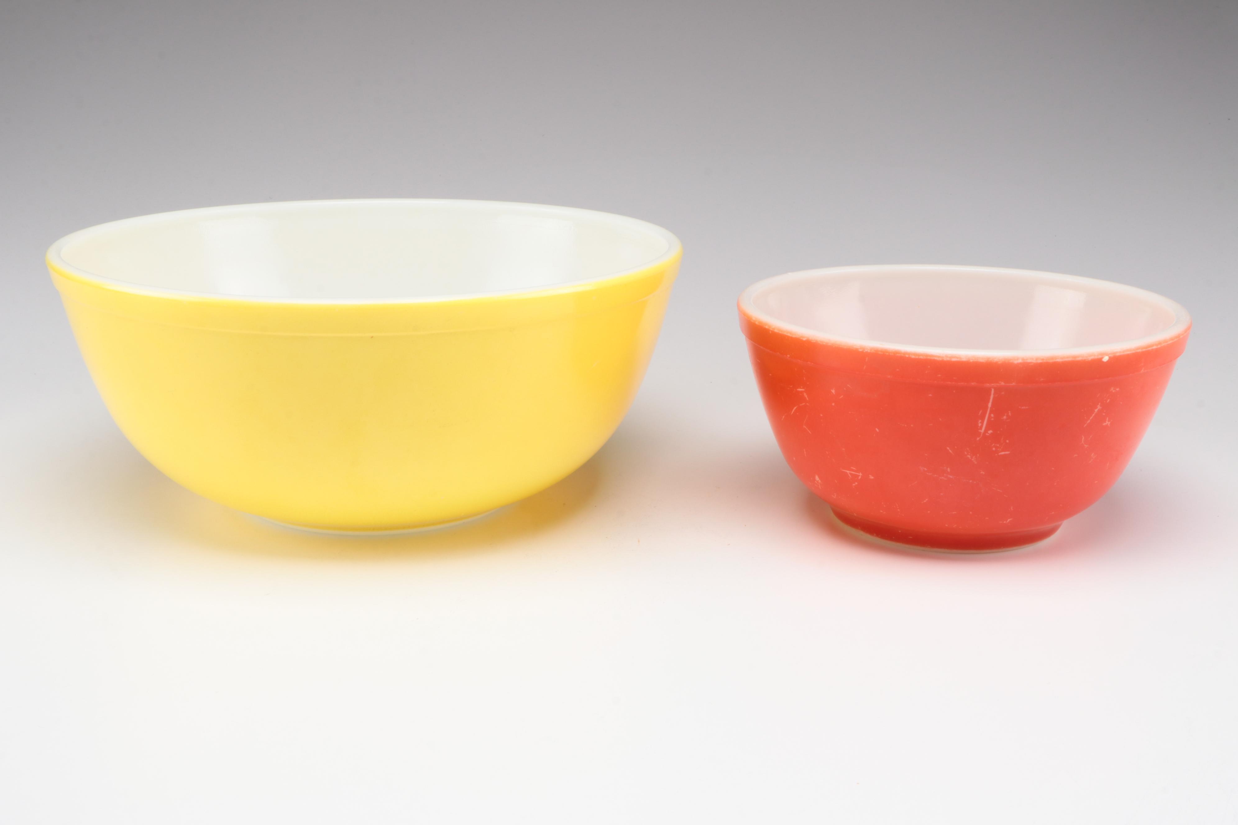 Pyrex Refrigerator Dish and "Primary Color" Glass Bowls