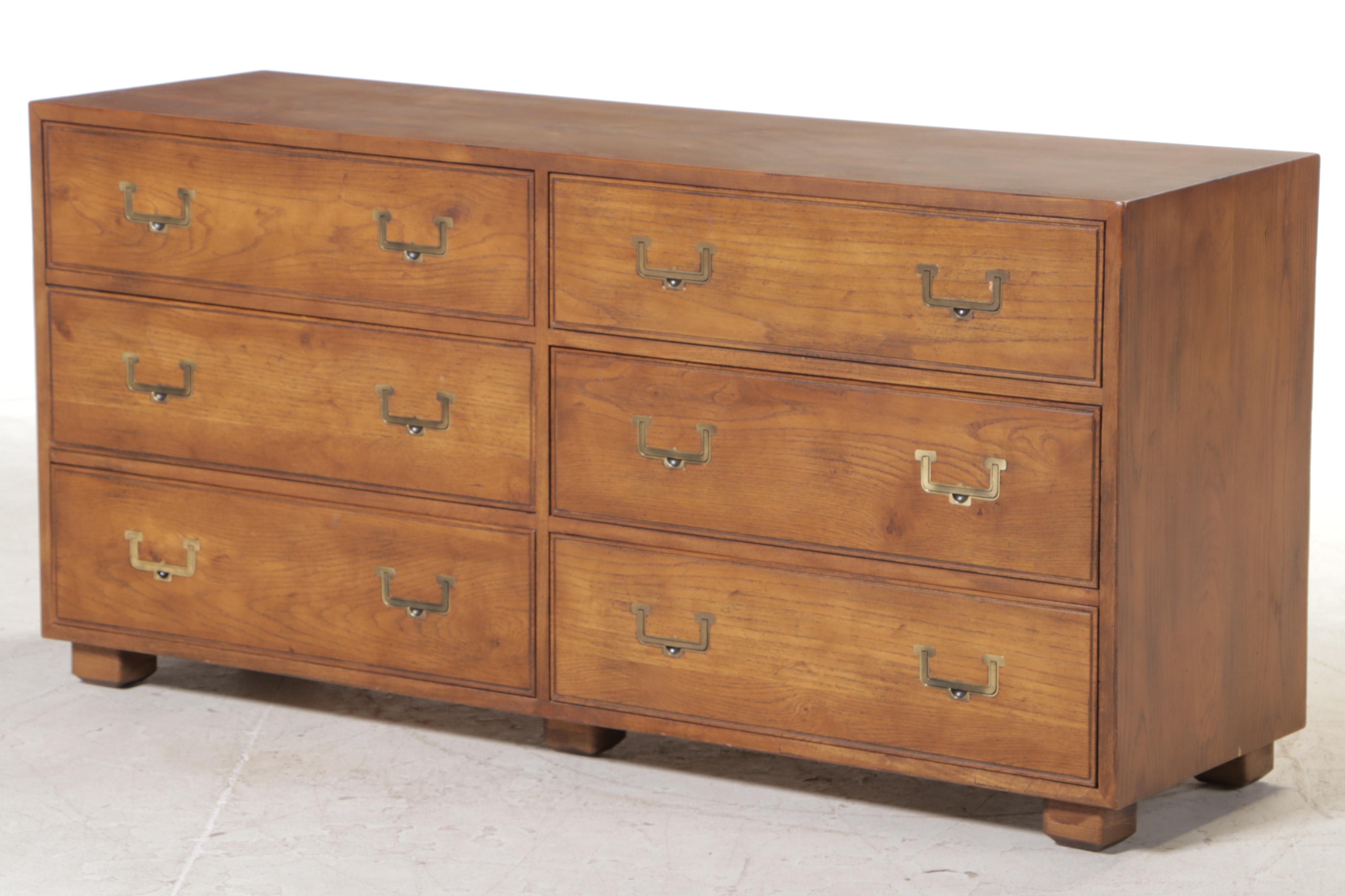 Henredon "Artefacts" Campaign Style Oak and Faux-Bamboo Six-Drawer Dresser
