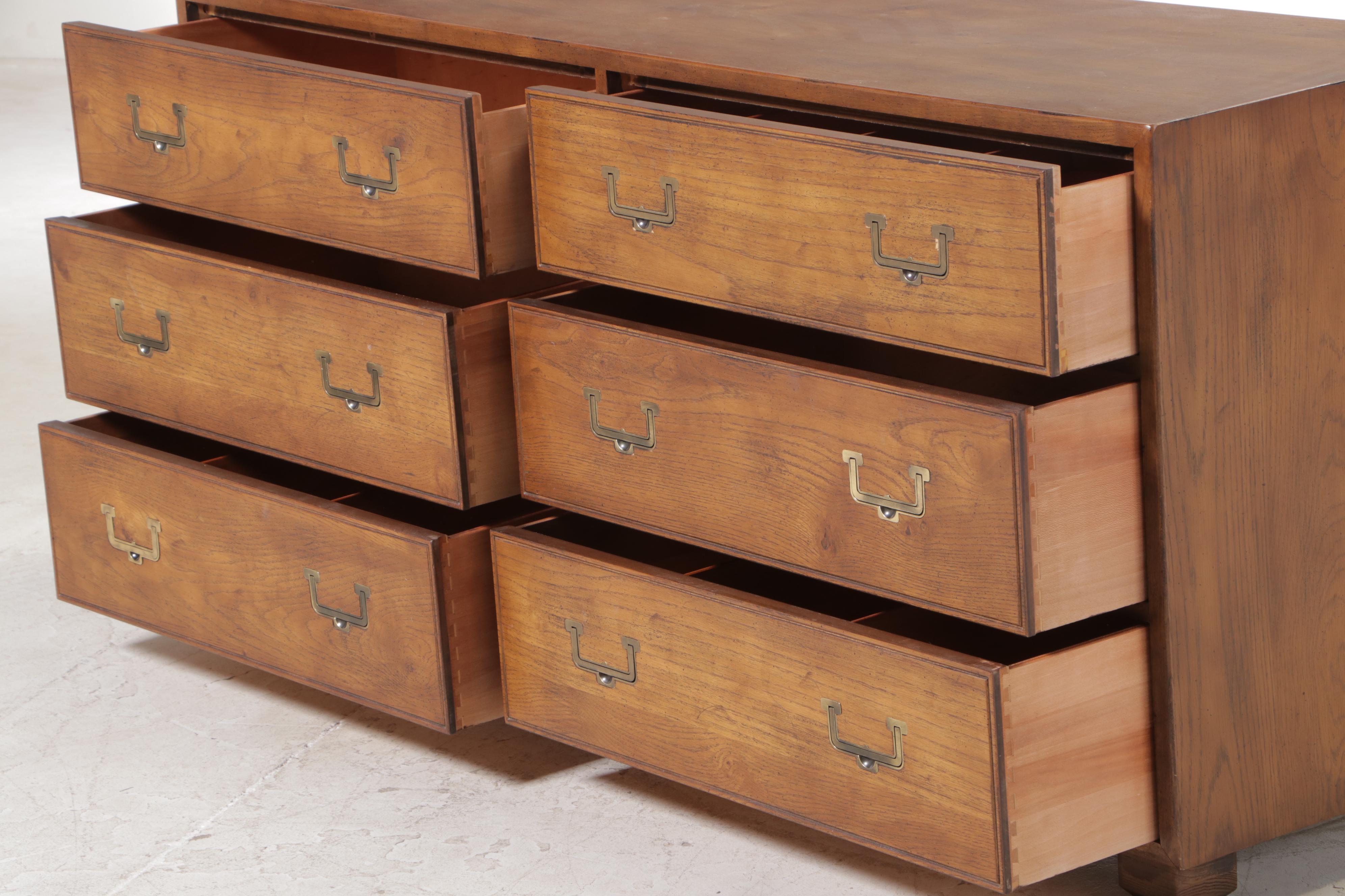 Henredon "Artefacts" Campaign Style Oak and Faux-Bamboo Six-Drawer Dresser