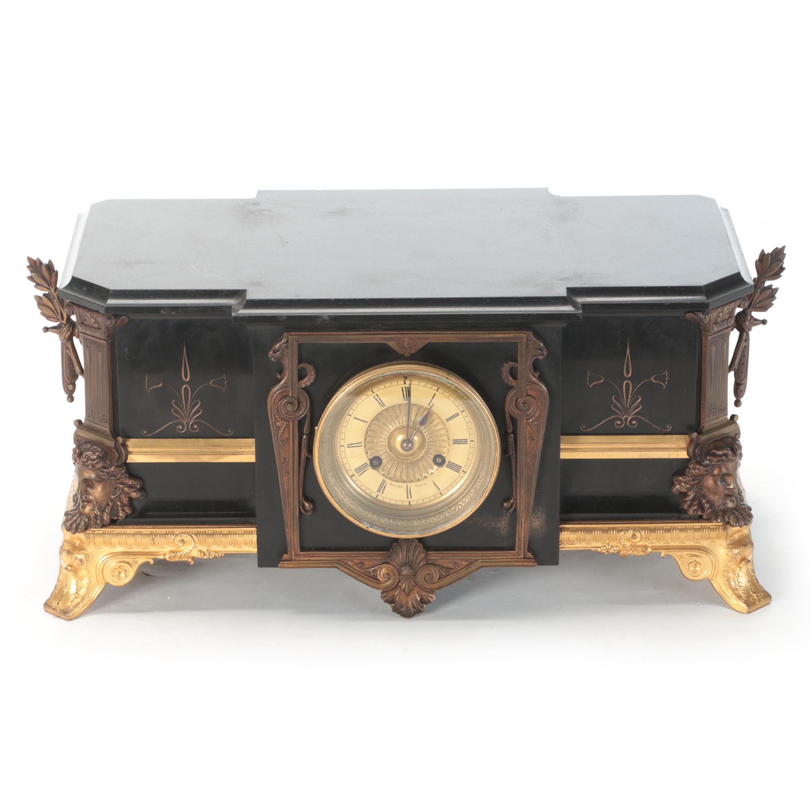 French Bronze-Mounted Slate Sculpture Mantel Clock, 19th Century