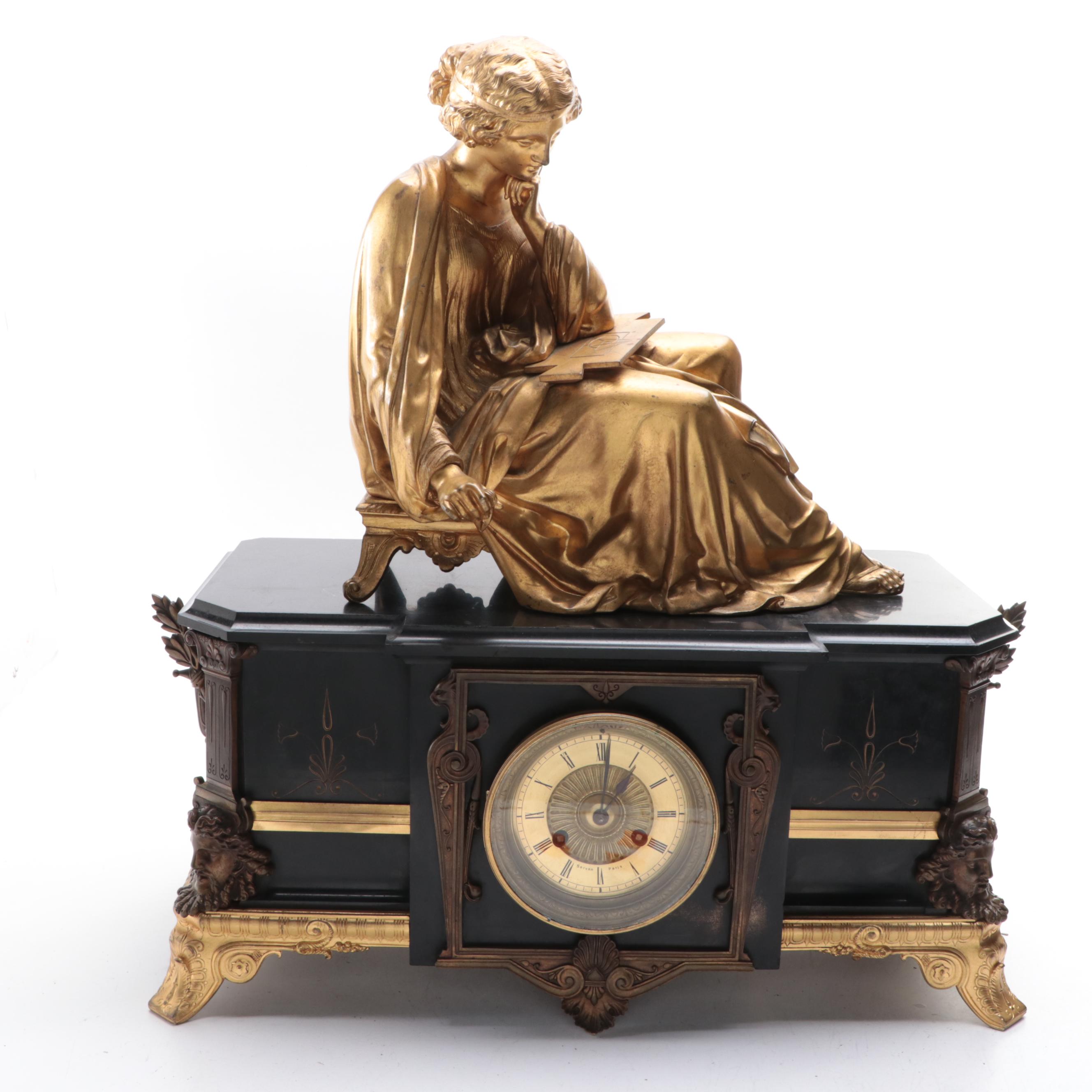 French Bronze-Mounted Slate Sculpture Mantel Clock, 19th Century