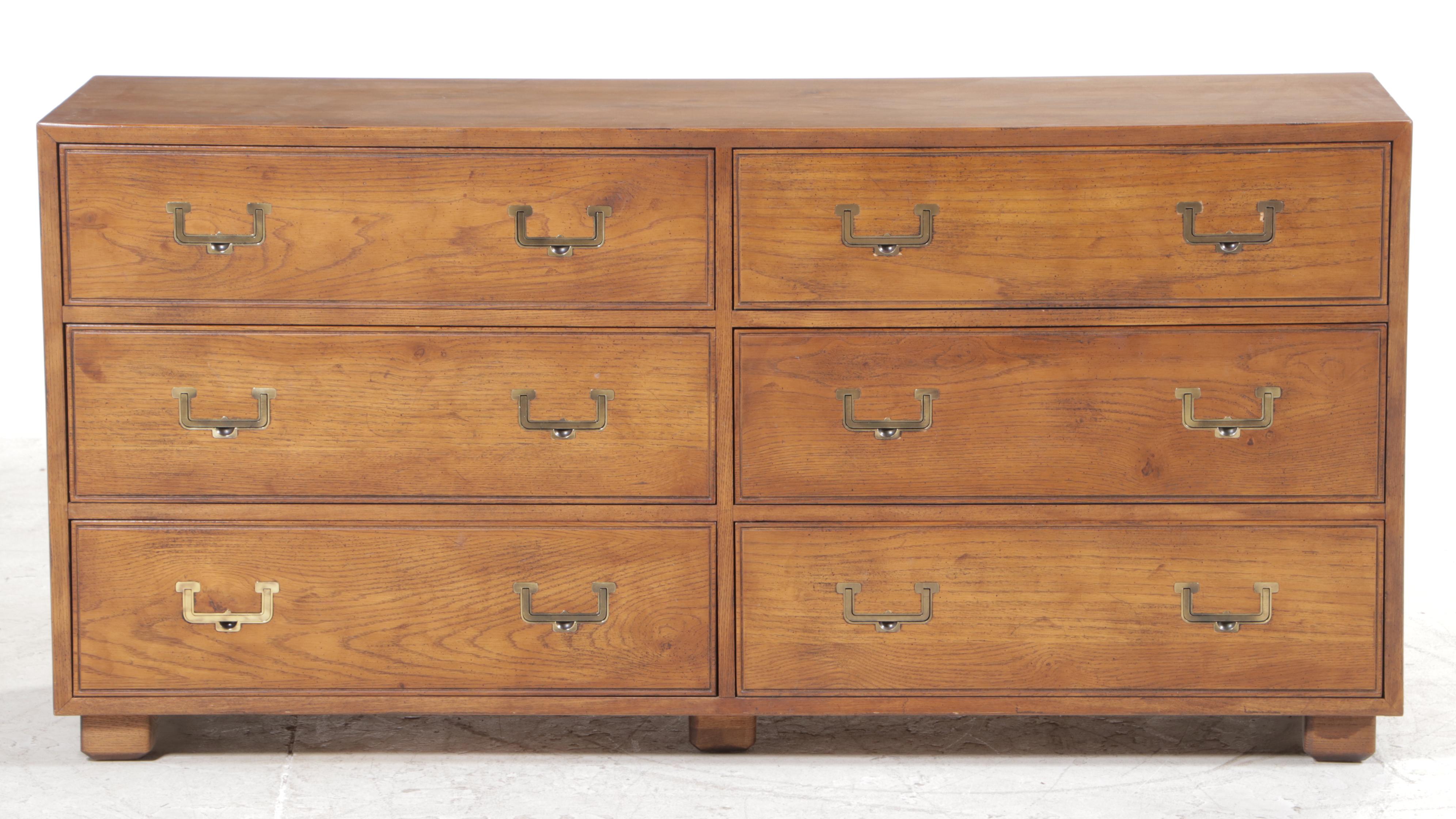 Henredon "Artefacts" Campaign Style Oak and Faux-Bamboo Six-Drawer Dresser