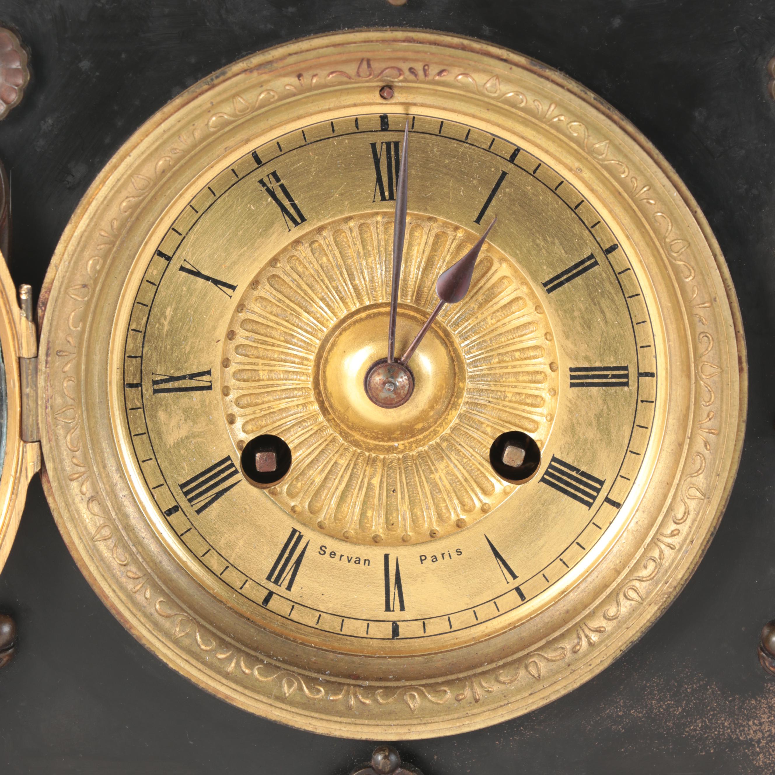 French Bronze-Mounted Slate Sculpture Mantel Clock, 19th Century