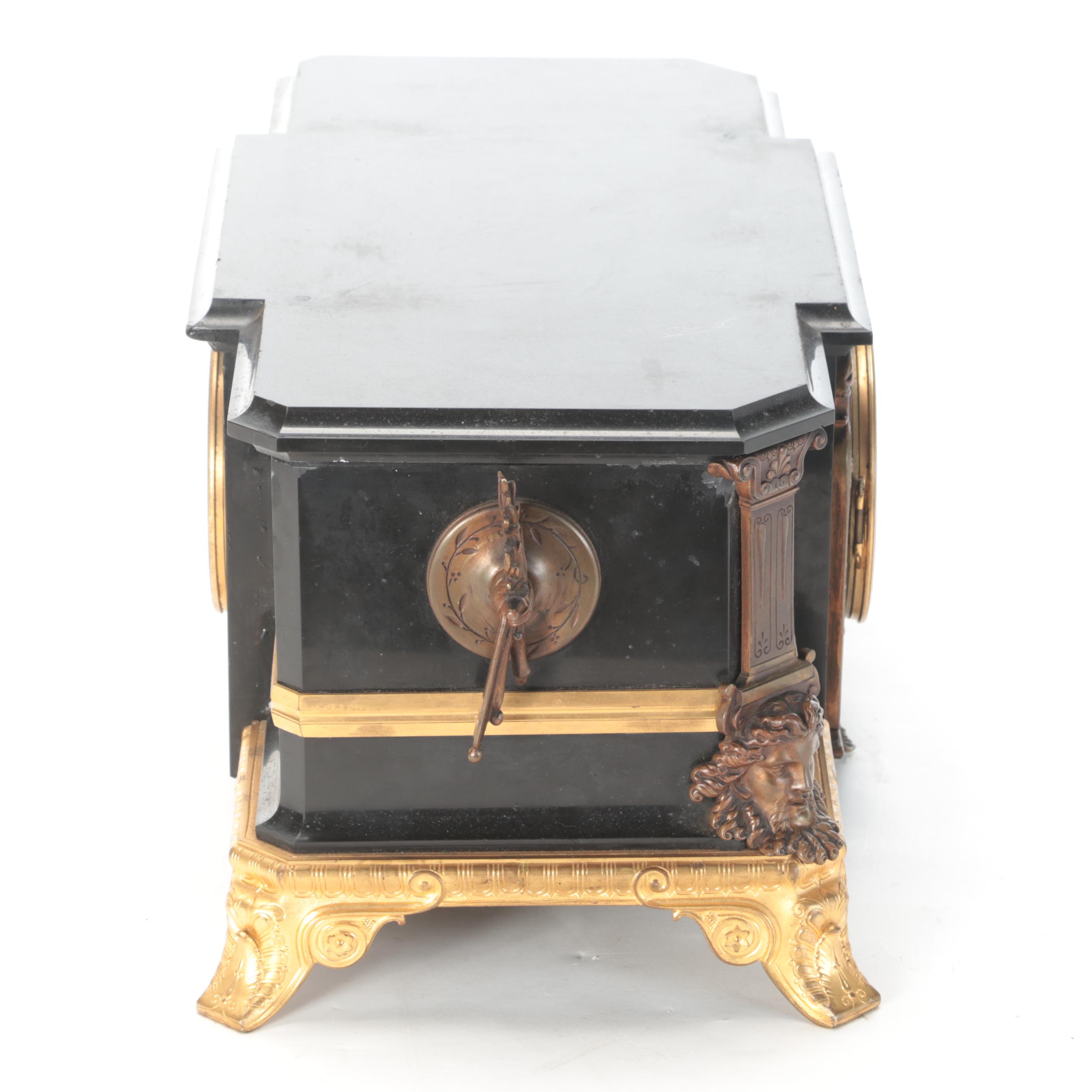 French Bronze-Mounted Slate Sculpture Mantel Clock, 19th Century