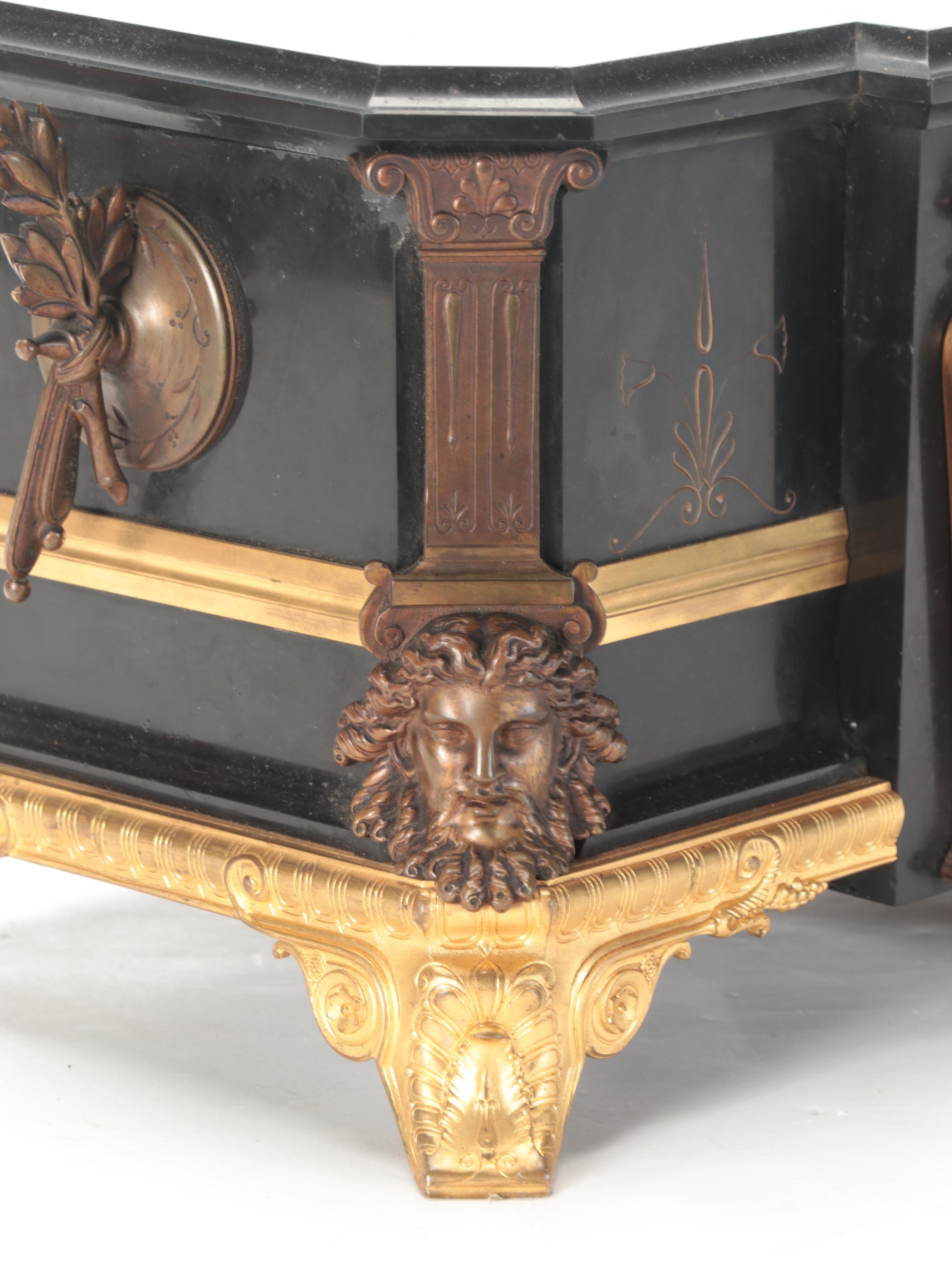 French Bronze-Mounted Slate Sculpture Mantel Clock, 19th Century