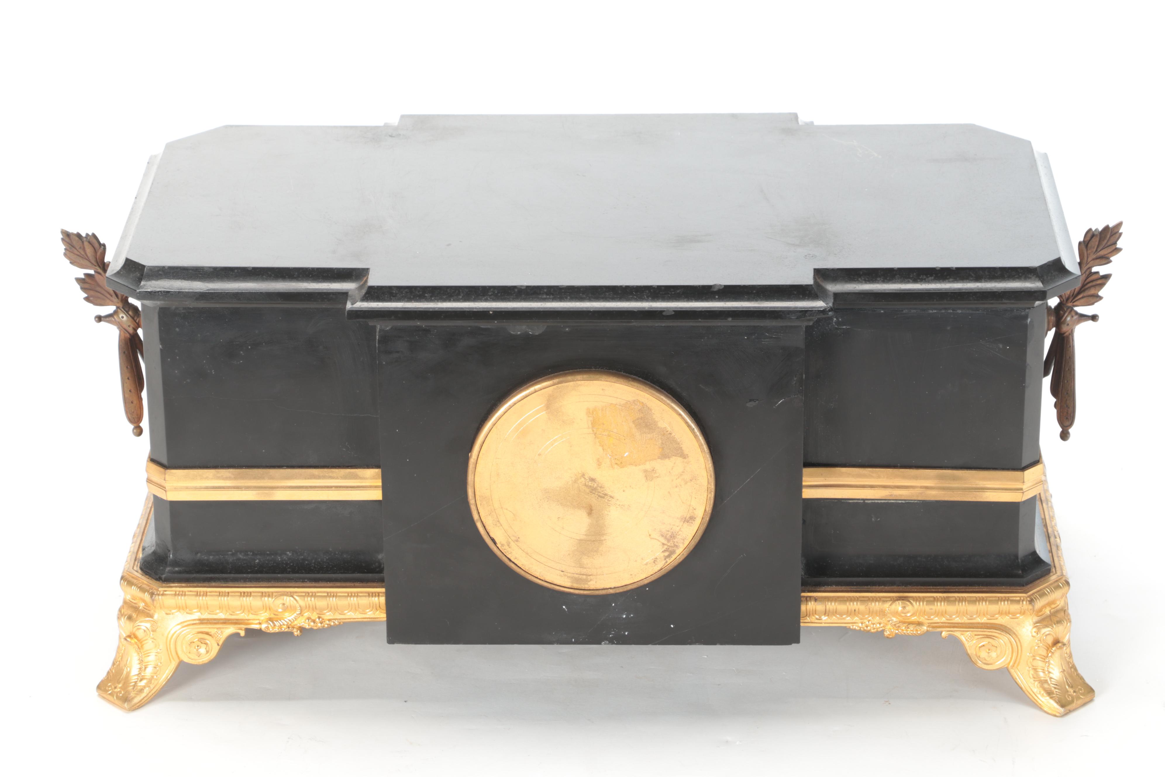 French Bronze-Mounted Slate Sculpture Mantel Clock, 19th Century