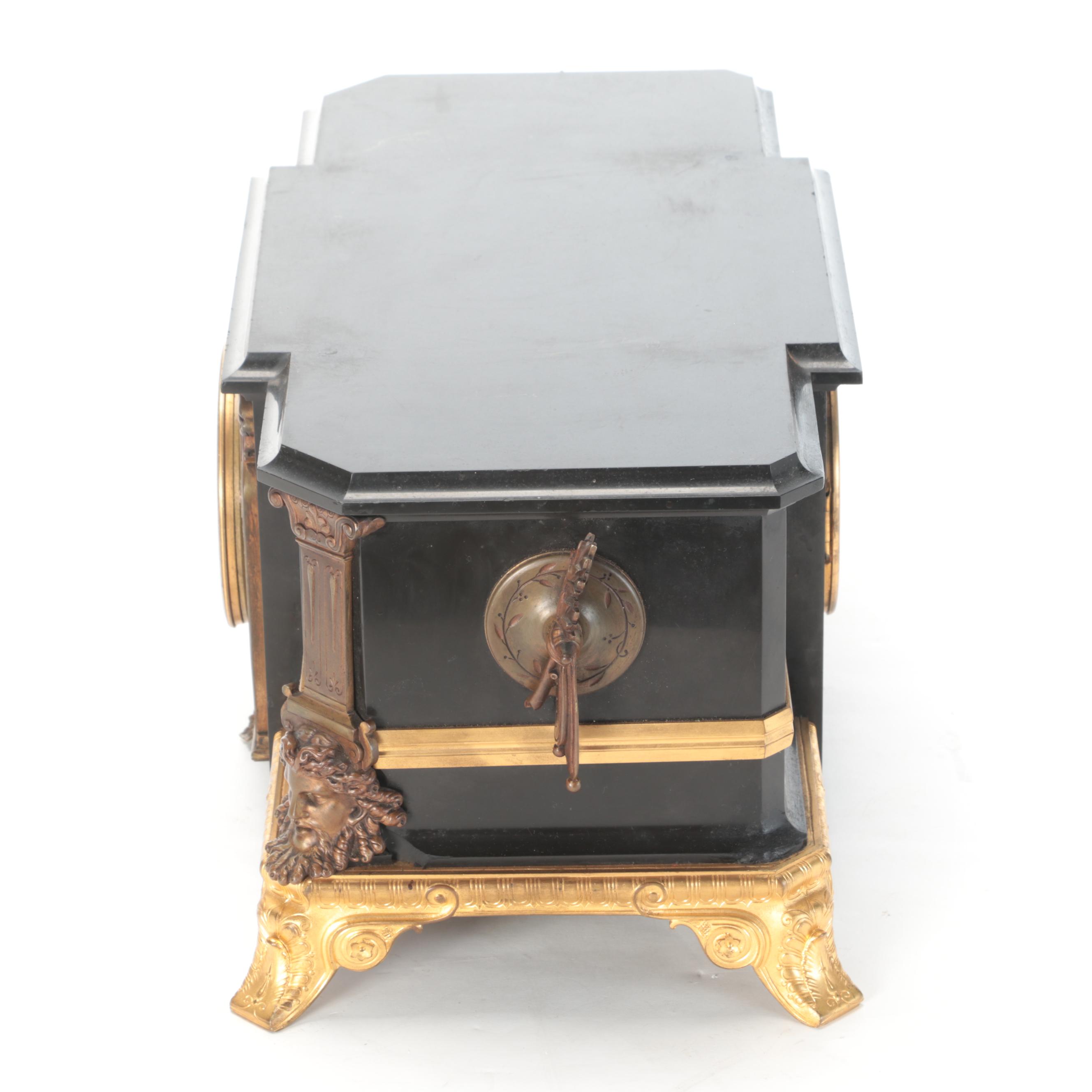 French Bronze-Mounted Slate Sculpture Mantel Clock, 19th Century